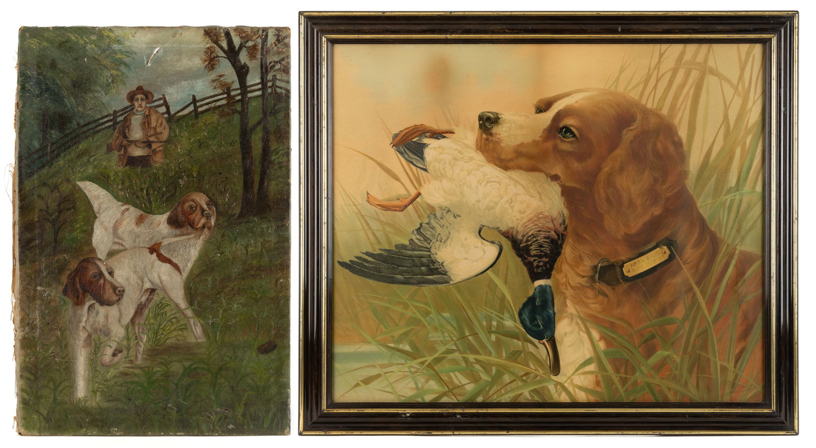 AMERICAN SCHOOL (19TH CENTURY) HUNTING / SPORTING PAINTING: AMERICAN SCHOOL (19TH CENTURY) HUNTING / SPORTING PAINTING, oil on canvas, a naive depiction of a hunter in a field with two hunting dogs, no signature located. Unframed. Together with a sporting / hu