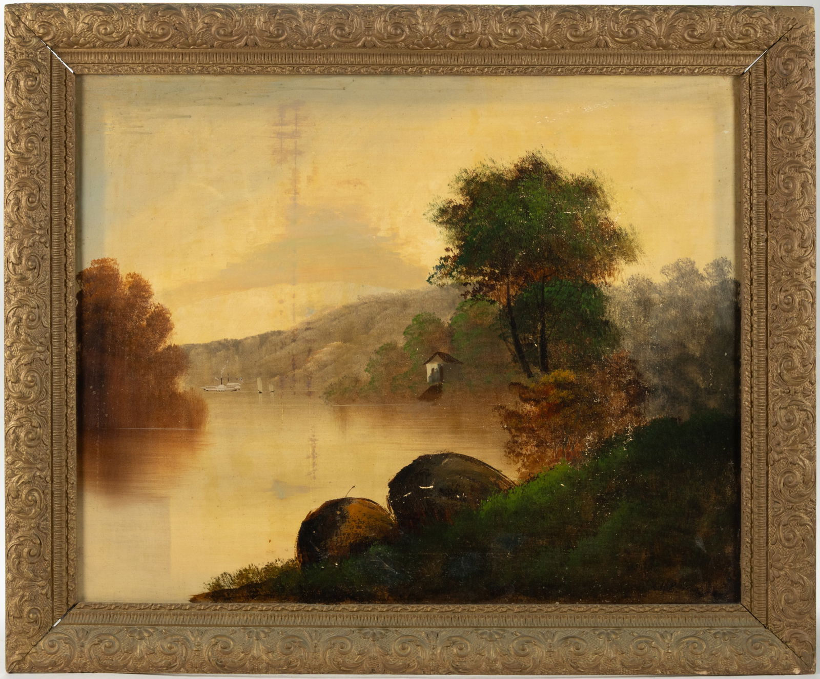 AMERICAN SCHOOL (19TH CENTURY) FOLK ART HUDSON RIVER VALLEY LANDSCAPE PAINTING (1 of 8)