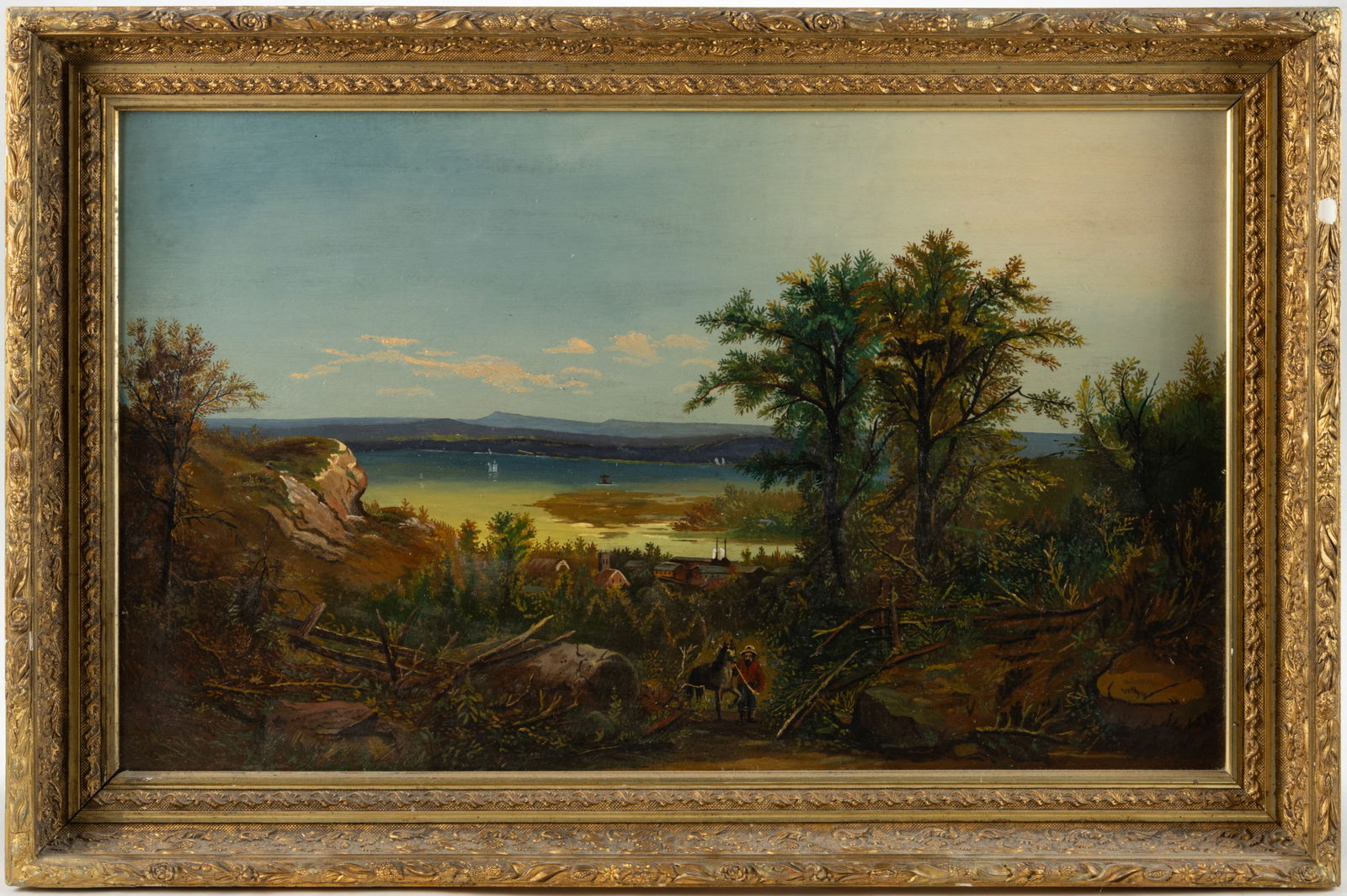 AMERICAN SCHOOL (19TH CENTURY) FOLK ART LANDSCAPE WITH FIGURES (1 of 3)