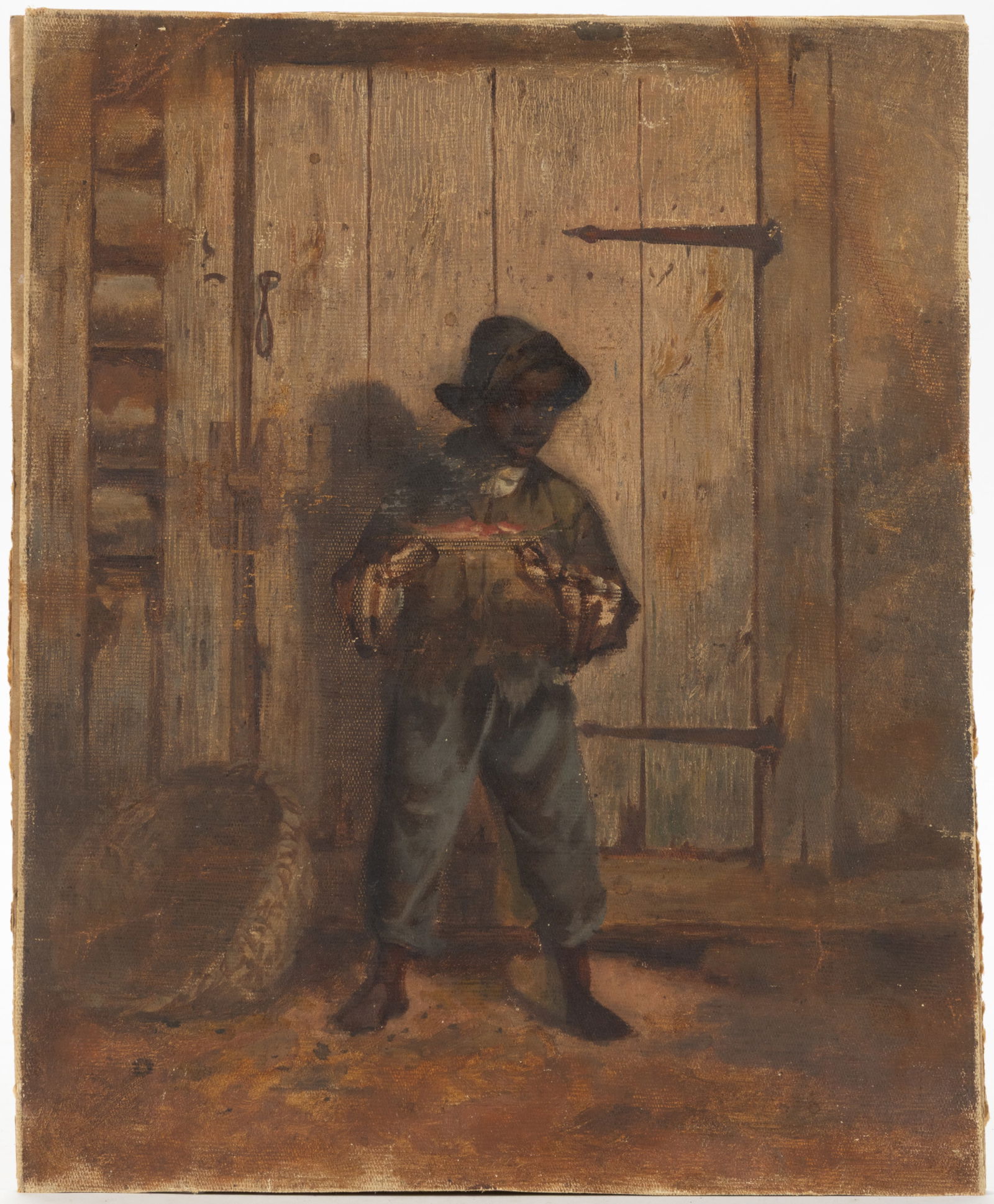 AMERICAN SCHOOL (LATE 19TH/EARLY 20TH CENTURY) FOLK ART BLACK AMERICANA PAINTING: AMERICAN SCHOOL (LATE 19TH/EARLY 20TH CENTURY) FOLK ART BLACK AMERICANA PAINTING, oil on canvas, full-length depiction of a barefoot figure standing in front of a barn door, no signature located. Unfr