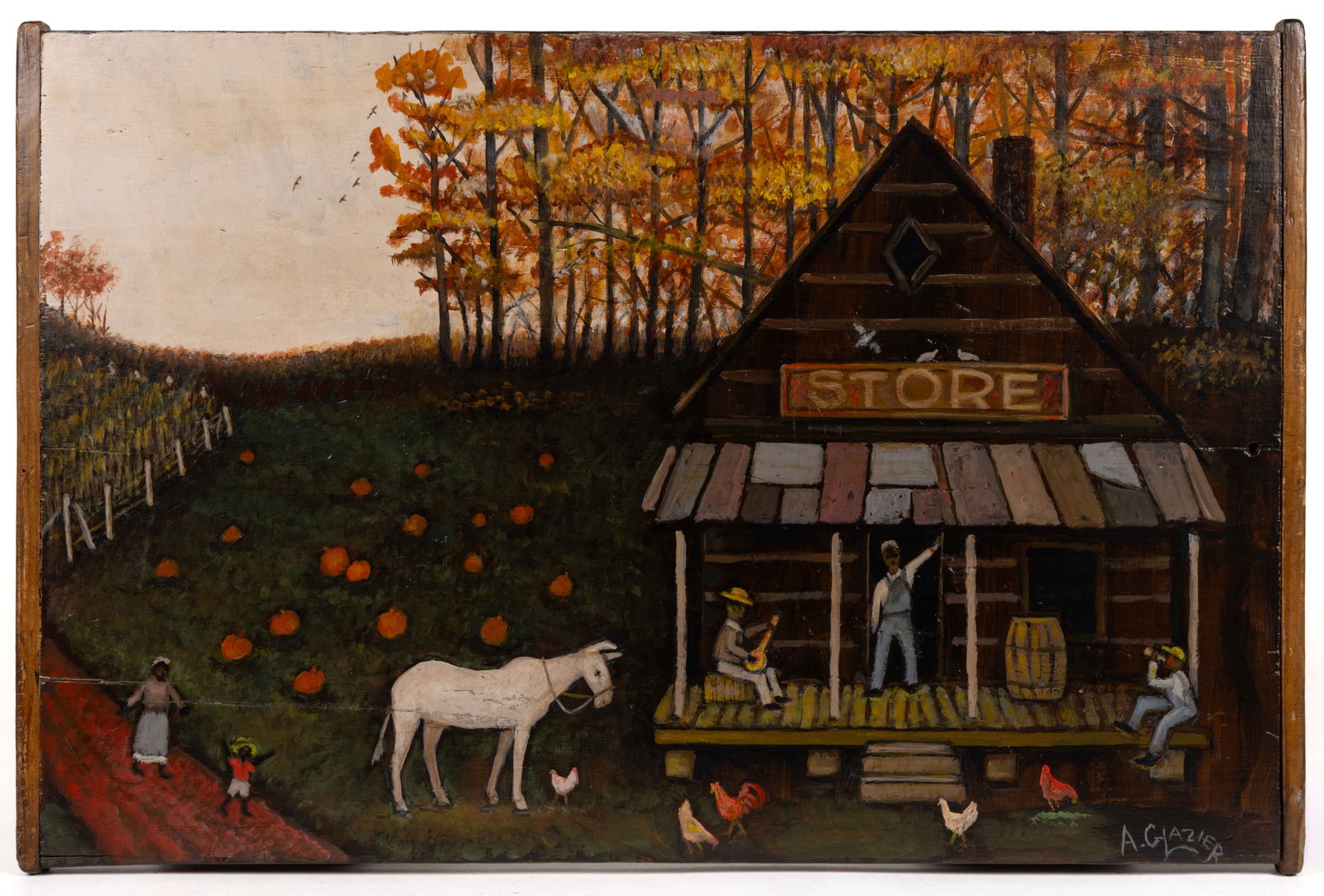 ARTHUR E. GLAZIER (PENNSYLVANIA, 1928-2015) FOLK ART GENRE SCENE PAINTING: ARTHUR E. GLAZIER (PENNSYLVANIA, 1928-2015) FOLK ART GENRE SCENE PAINTING, oil on panel (appears to be an old cutting board), a fall scene featuring a general store, with several figures on the front