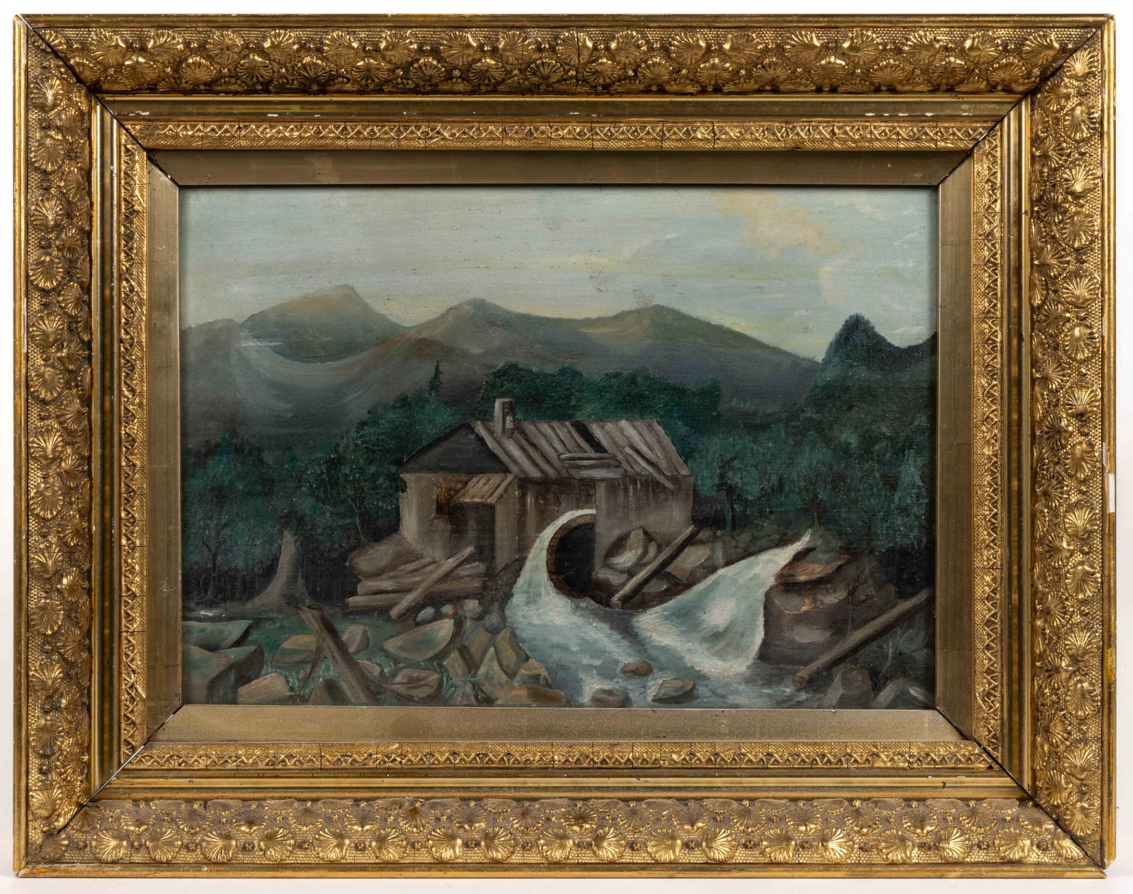AMERICAN SCHOOL (19TH CENTURY) FOLK ART LANDSCAPE WITH MILL (1 of 3)