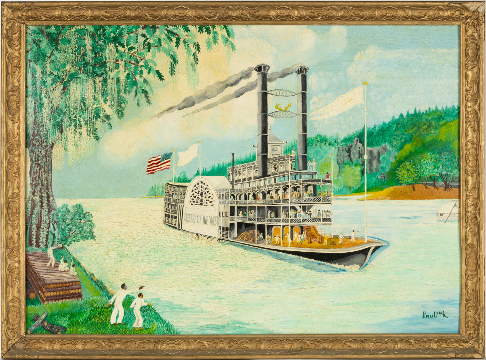 AMERICAN FOLK ART "QUEEN OF THE WEST" STEAMBOAT PAINTING (1 of 3)