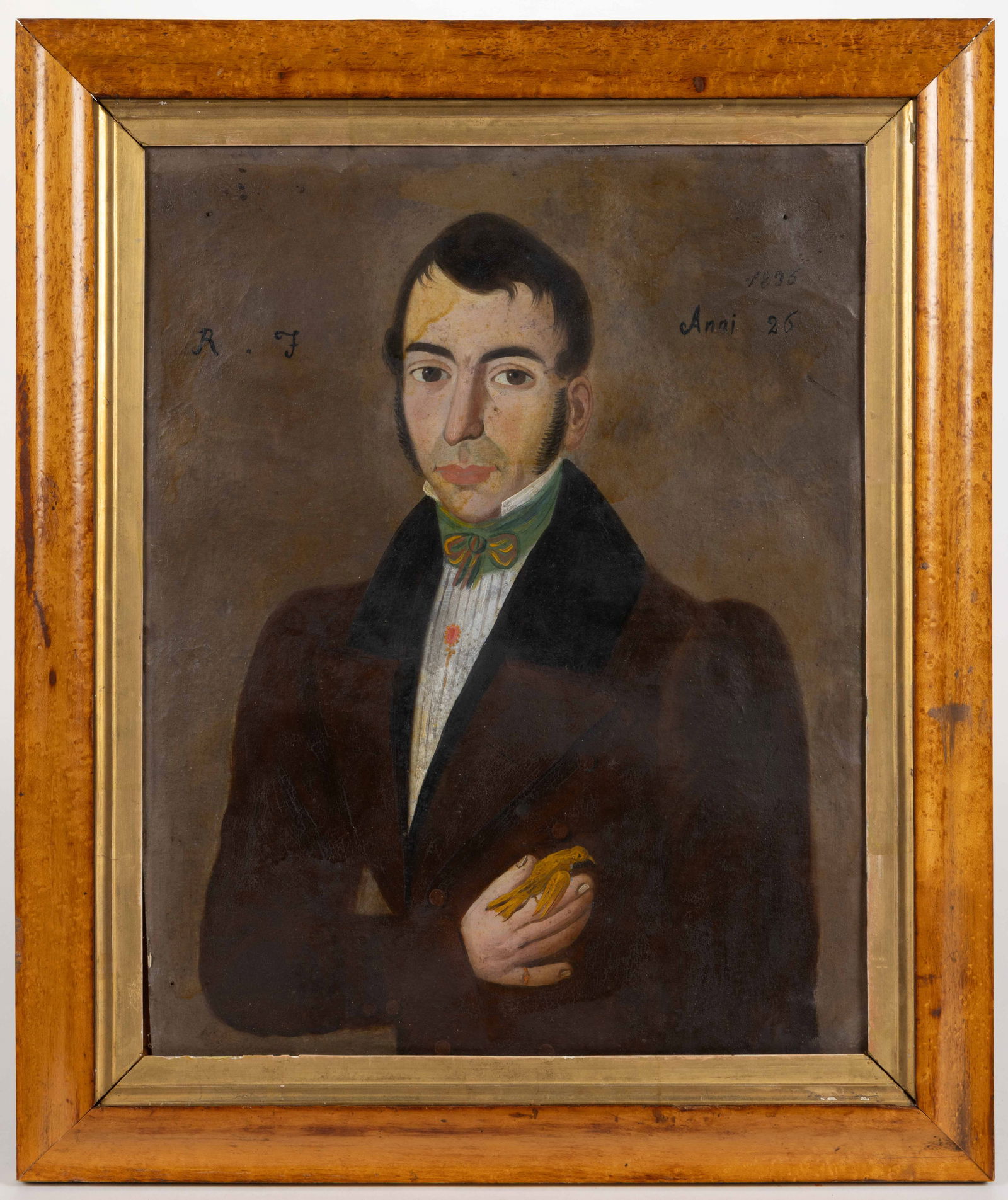 EUROPEAN SCHOOL (19TH CENTURY) FOLK ART PORTRAIT OF A MAN WITH BIRD: EUROPEAN SCHOOL (19TH CENTURY) FOLK ART PORTRAIT OF A MAN WITH BIRD, oil on artist's board recently mounted to a backing, depicting a brown-haired gentleman with sideburns holding a small bird in