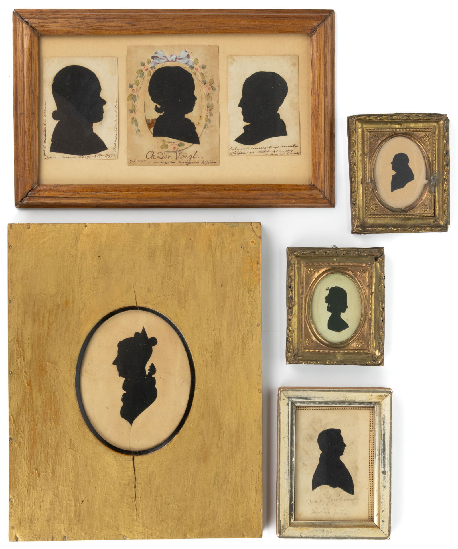 ASSORTED CUT-AND-PASTED AND HOLLOW-CUT SILHOUETTES, LOT OF SEVEN IN FIVE FRAMES (1 of 2)