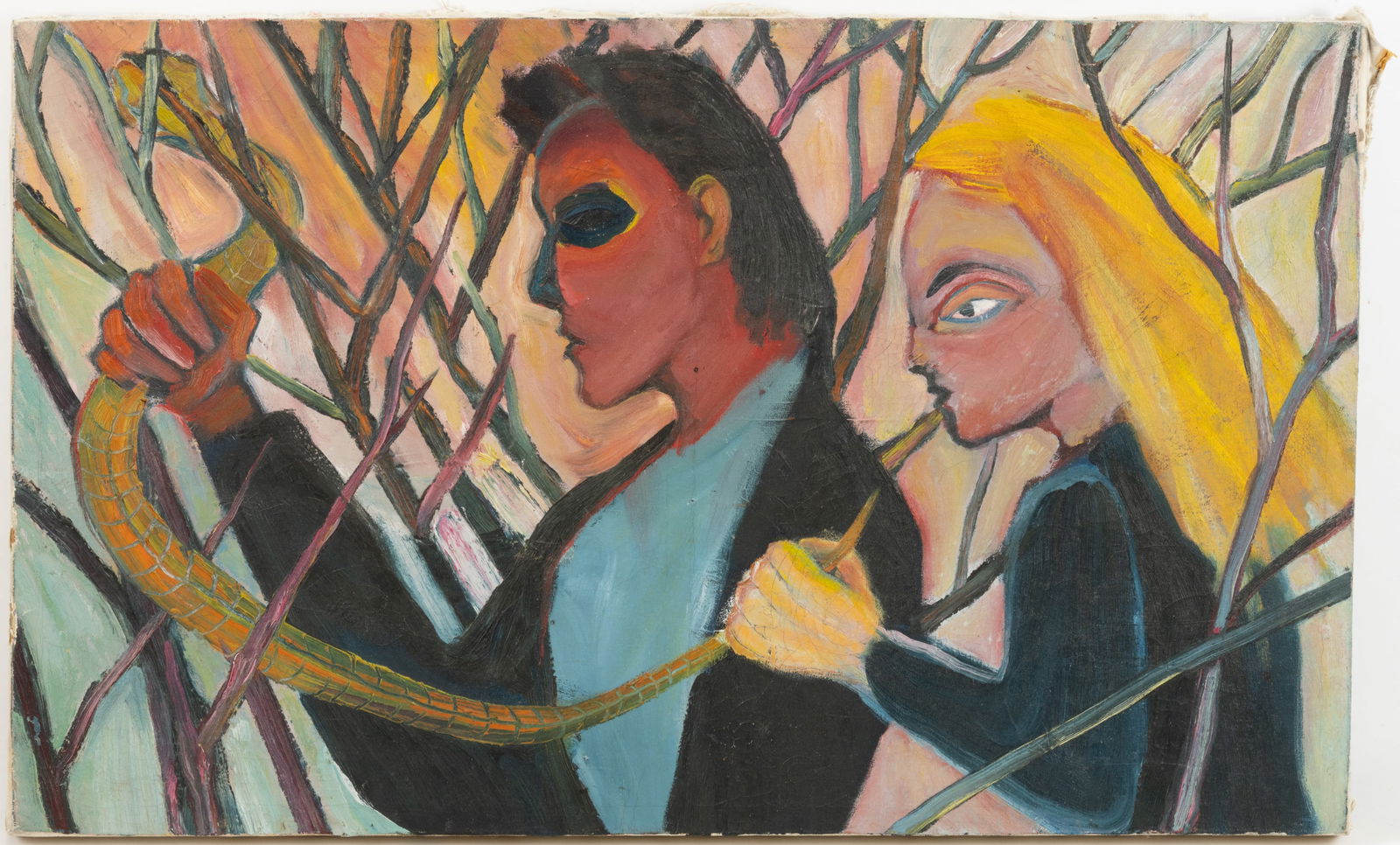 D. E. ALSBACH (AMERICAN, ACTIVE 20TH CENTURY) "SNAKE CHARMERS" OUTSIDER ART PAINTING: D. E. ALSBACH (AMERICAN, ACTIVE 20TH CENTURY) "SNAKE CHARMERS" OUTSIDER ART PAINTING, oil on canvas, depicting a man and woman holding a snake in a stylized jungle-like setting. Titled, sign