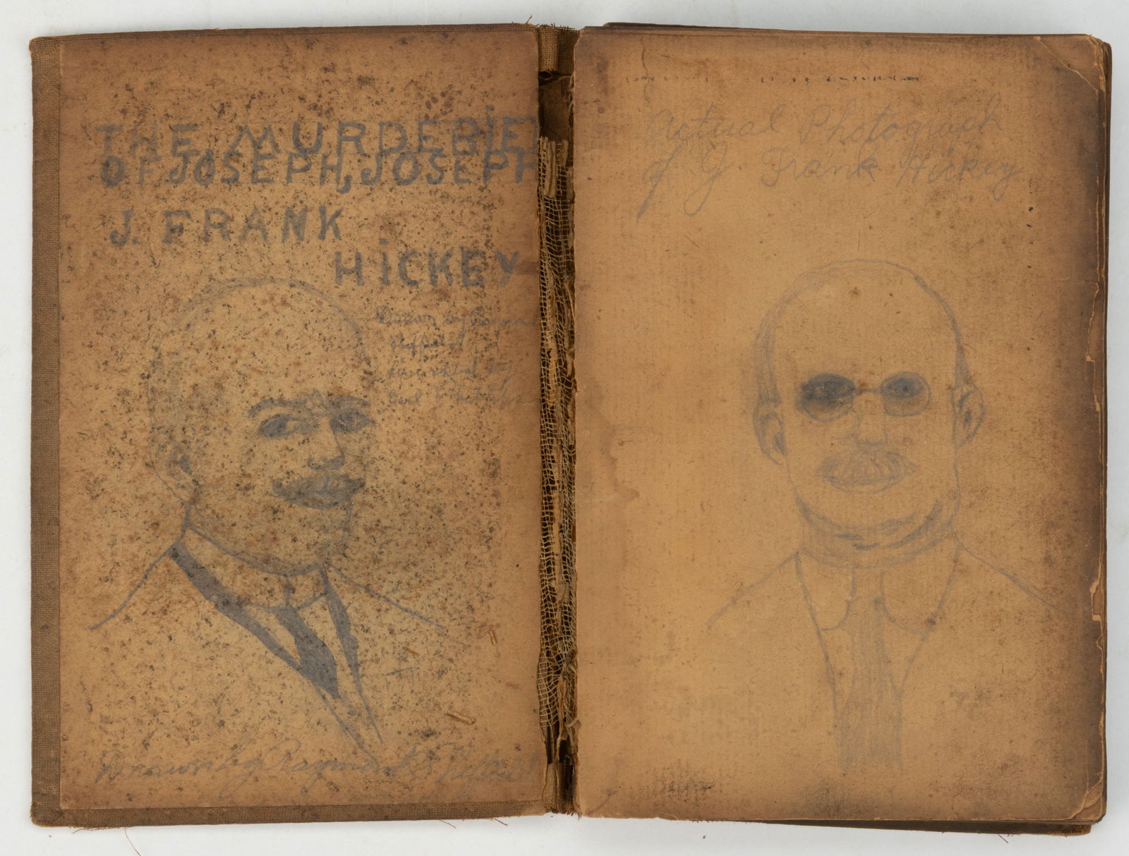 AMERICAN FOLK ART SERIAL KILLER PORTRAITS: AMERICAN FOLK ART SERIAL KILLER PORTRAITS, graphite on book papers, "The Murderer of Joseph, J. Frank Hickey, Drawn by Raymond Sheffield" on front pastedown and [from an] "Actual Photog