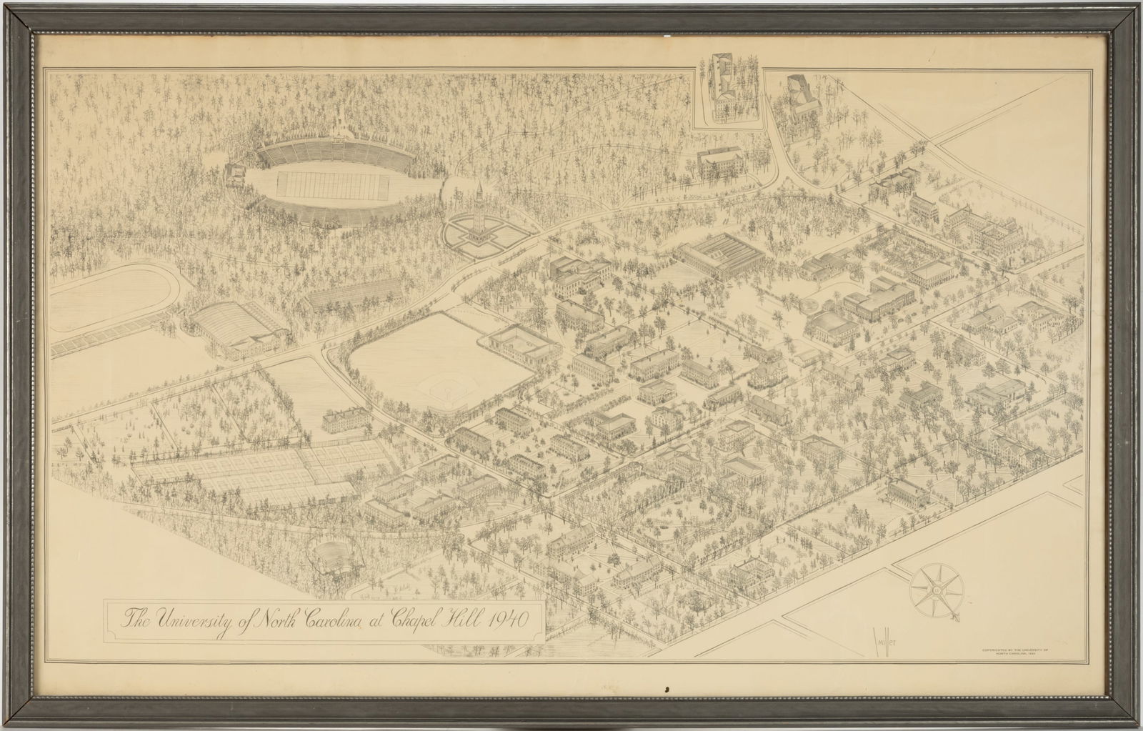 THE UNIVERSITY OF NORTH CAROLINA AT CHAPEL HILL PERSPECTIVE MAP / PRINT: THE UNIVERSITY OF NORTH CAROLINA AT CHAPEL HILL PERSPECTIVE MAP / PRINT, print on paper, depicting a bird's eye view of the campus as it appeared in 1940. Printed signature by artist L. Miller, lo