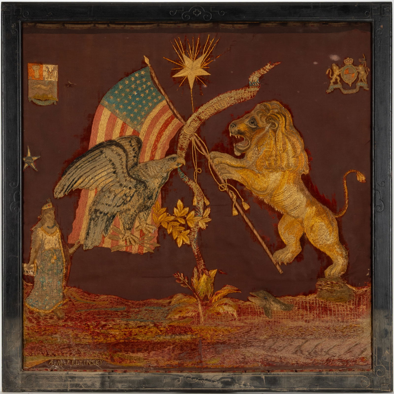 ABRAM M. PELTINSKY (JEWISH POLISH-AMERICAN, C.1839-C.1907) ALLEGORICAL PATRIOTIC NEEDLEWORK PANEL / (1 of 7)