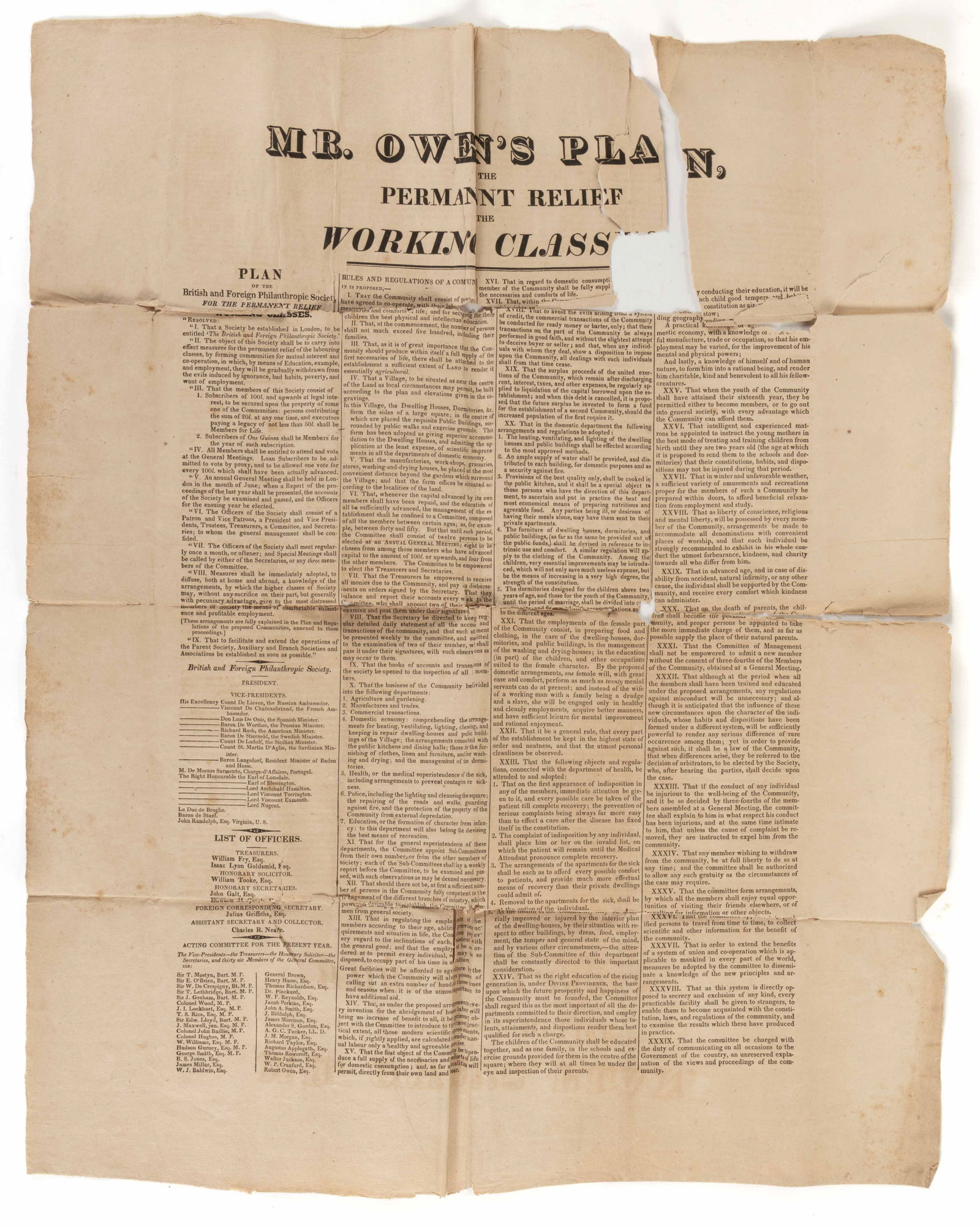 ROBERT OWEN (BRITISH, 1771-1858) UTOPIAN SOCIALIST BROADSIDE: ROBERT OWEN (BRITISH, 1771-1858) UTOPIAN SOCIALIST BROADSIDE, titled "Mr. Owen's Plan for the Permanent Relief of the Working Classes. Plan of the British and Foreign Philanthropic Society...