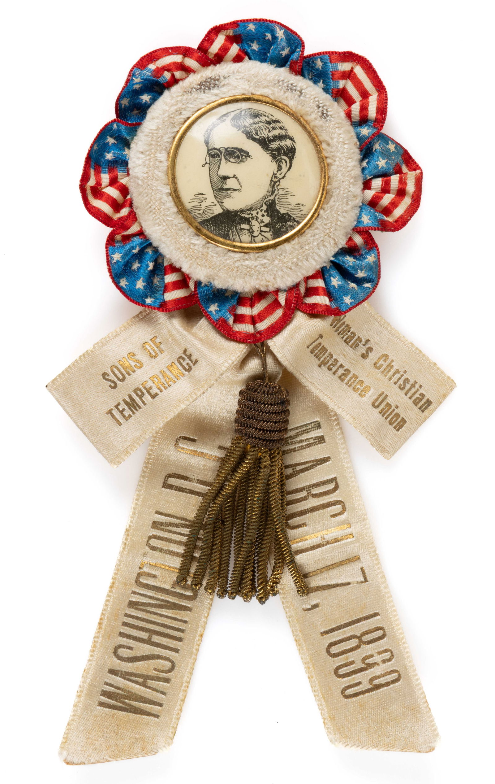 1899 WASHINGTON, DC TEMPERANCE CONVENTION RIBBON: 1899 WASHINGTON, DC TEMPERANCE CONVENTION RIBBON, featuring a celluloid portrait of Frances Willard, temperance reformer and women's suffragist, within a border of US flags, hung with a central me