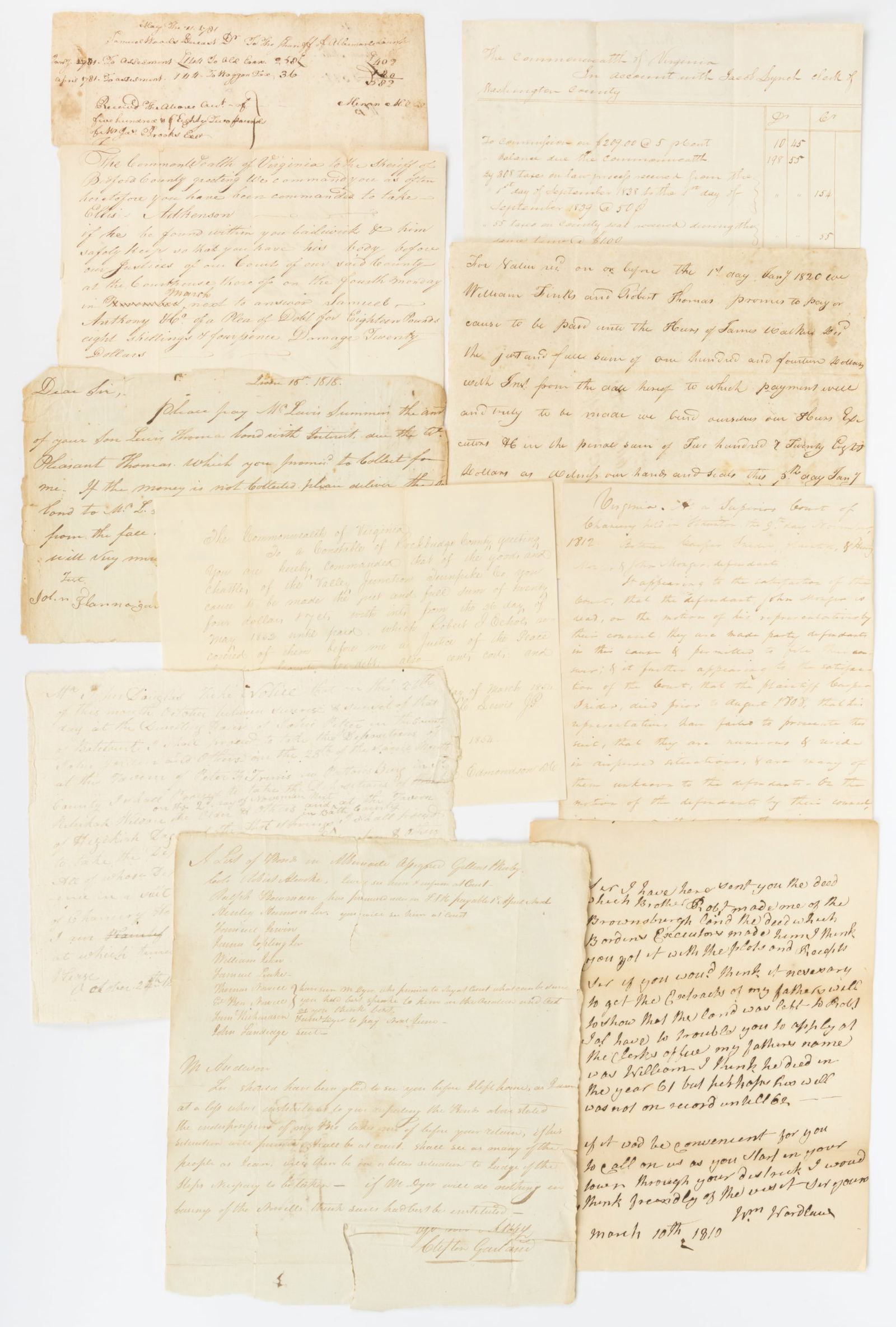 ASSORTED VIRGINIA 19TH CENTURY DOCUMENTS, LOT OF TEN (1 of 3)