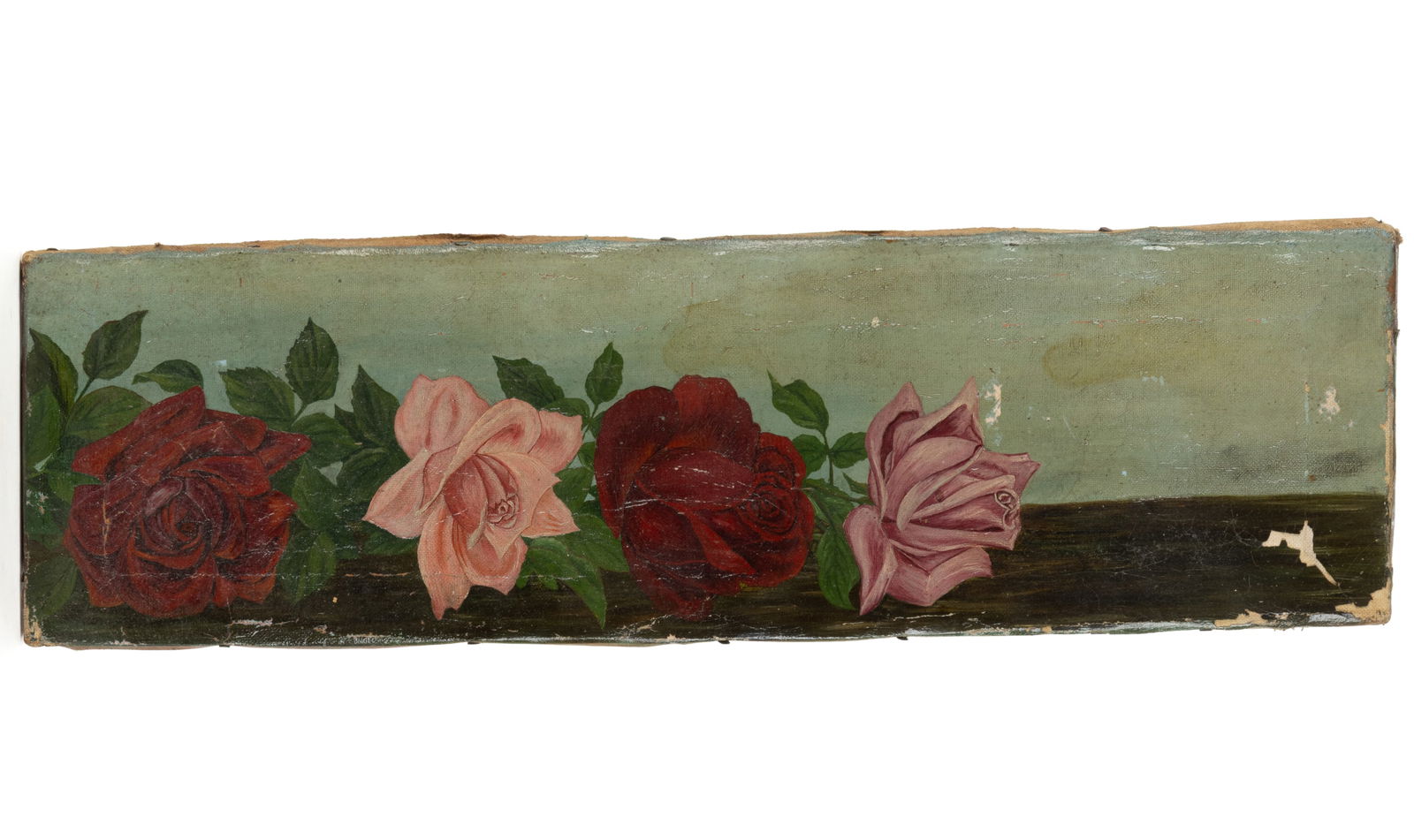 IDA FLORENCE HENKEL (SHENANDOAH VALLEY OF VIRGINIA, 1878-1935) STILL-LIFE PAINTING: IDA FLORENCE HENKEL (SHENANDOAH VALLEY OF VIRGINIA, 1878-1935) STILL-LIFE PAINTING, oil on canvas, depicting four roses lying on a table. Unsigned. Circa 1898. 5 7/8" x 20". Catalogue N