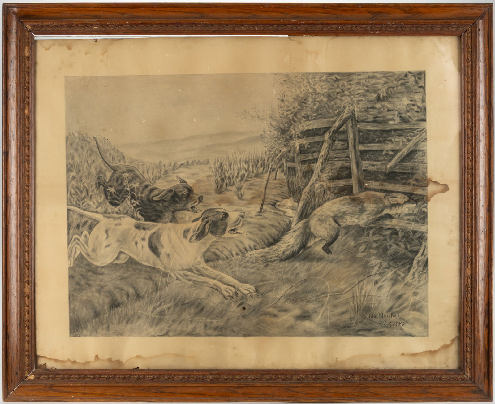IDA FLORENCE HENKEL (SHENANDOAH VALLEY OF VIRGINIA, 1878-1935) SPORTING DRAWING: IDA FLORENCE HENKEL (SHENANDOAH VALLEY OF VIRGINIA, 1878-1935) SPORTING DRAWING, charcoal on paper, depicting a fox escaping from two dogs through a wooden fence, after "Got Away" engraving