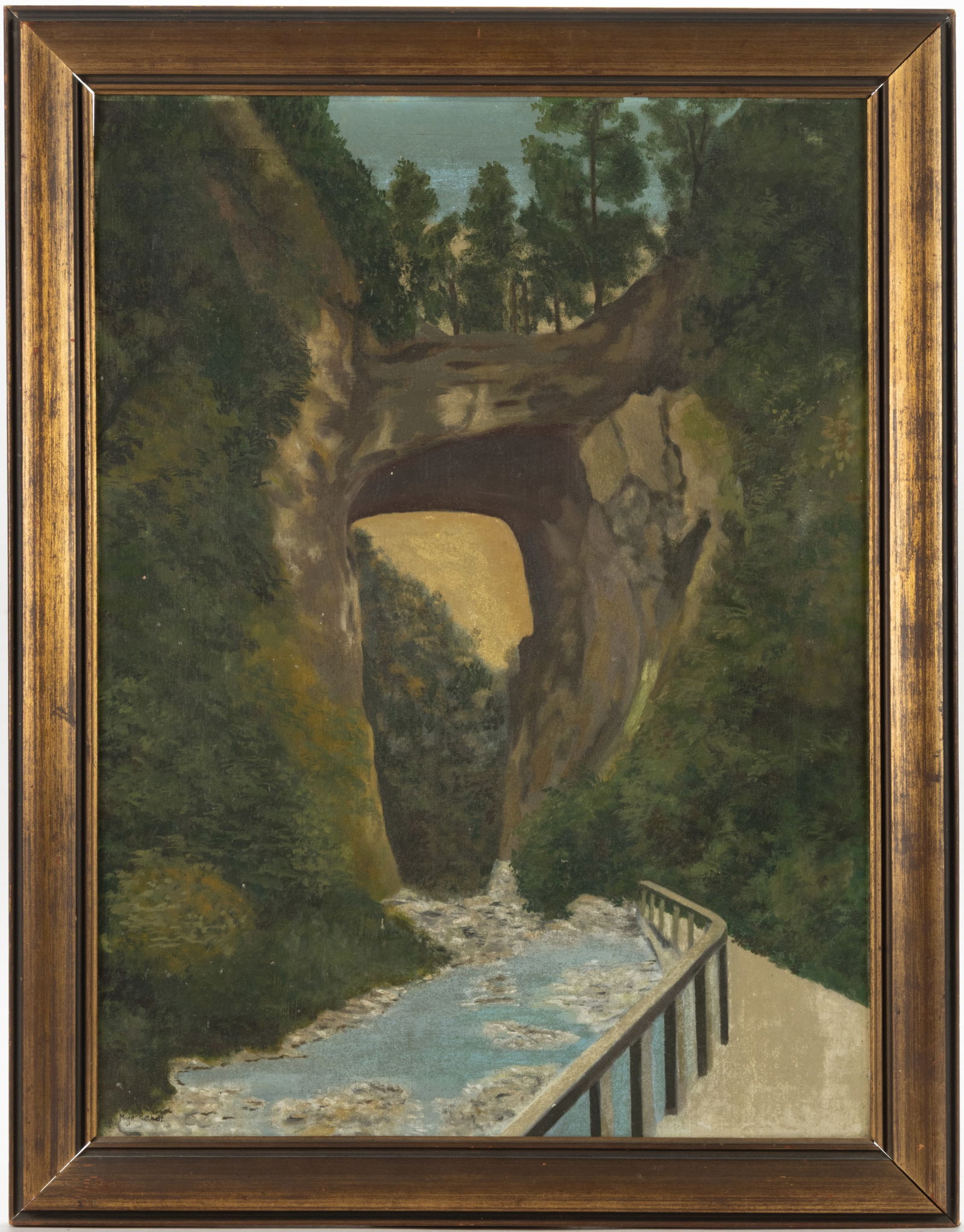 SHENANDOAH VALLEY OF VIRGINIA (20TH CENTURY) FOLK ART PAINTING OF NATURAL BRIDGE: SHENANDOAH VALLEY OF VIRGINIA (20TH CENTURY) FOLK ART PAINTING OF NATURAL BRIDGE, oil on artist's board, depicting Natural Bridge in Rockbridge Co., VA. Signed lower left "Magd Potthast"