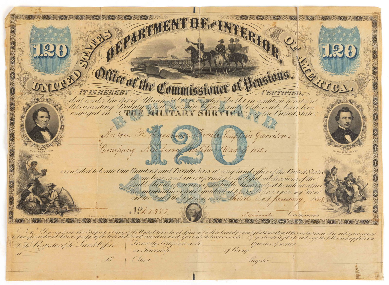 UNITED STATES WAR OF 1812 SOLDIER'S SERVICE LAND WARRANT (1 of 2)