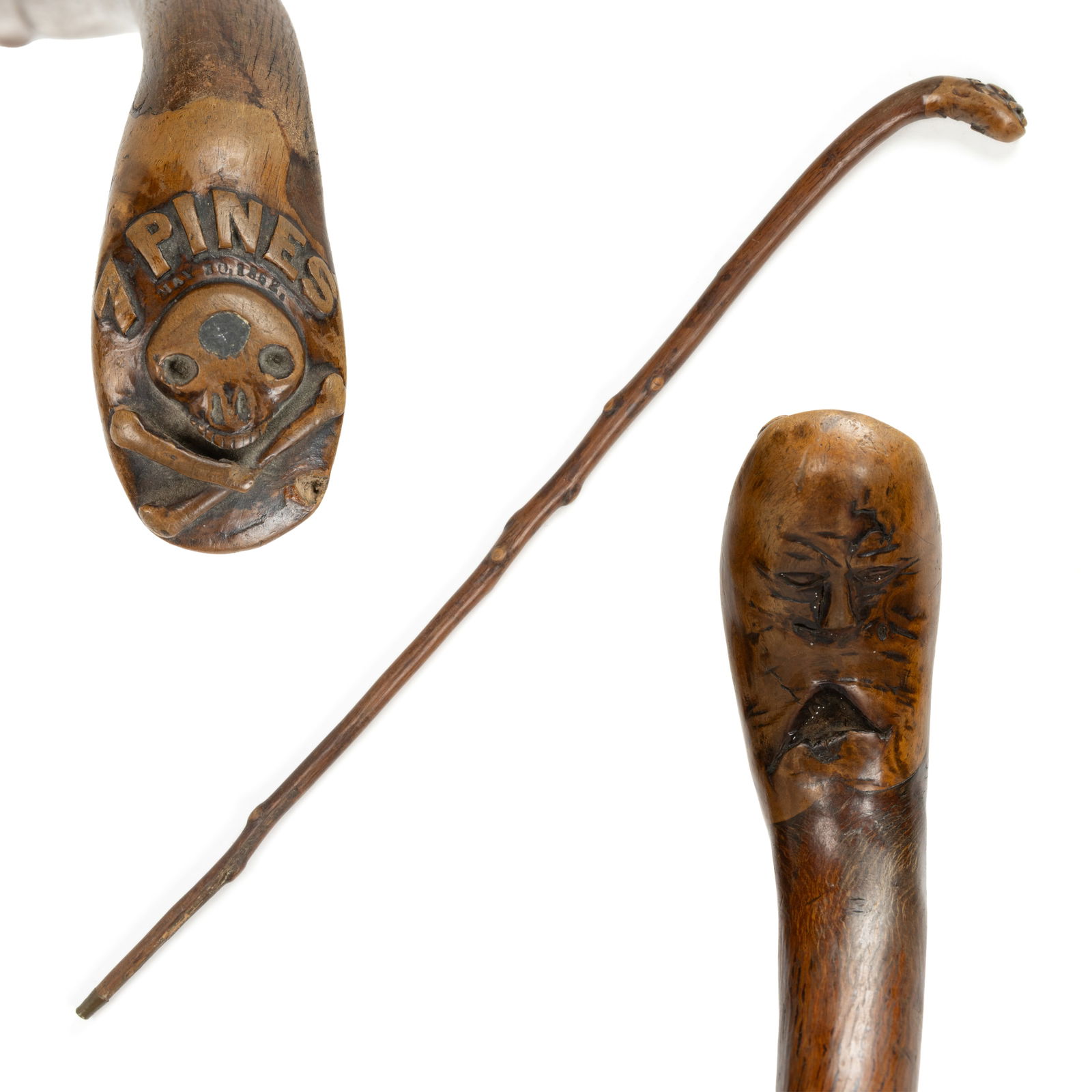 VIRGINIA CIVIL WAR BATTLE OF SEVEN PINES / FAIR OAKS FOLK ART CARVED CANE / WALKING STICK: VIRGINIA CIVIL WAR BATTLE OF SEVEN PINES / FAIR OAKS FOLK ART CARVED CANE / WALKING STICK, the top of the grip carved with "7 PINES" over the date "MAY 30 1862" a skull and cross b
