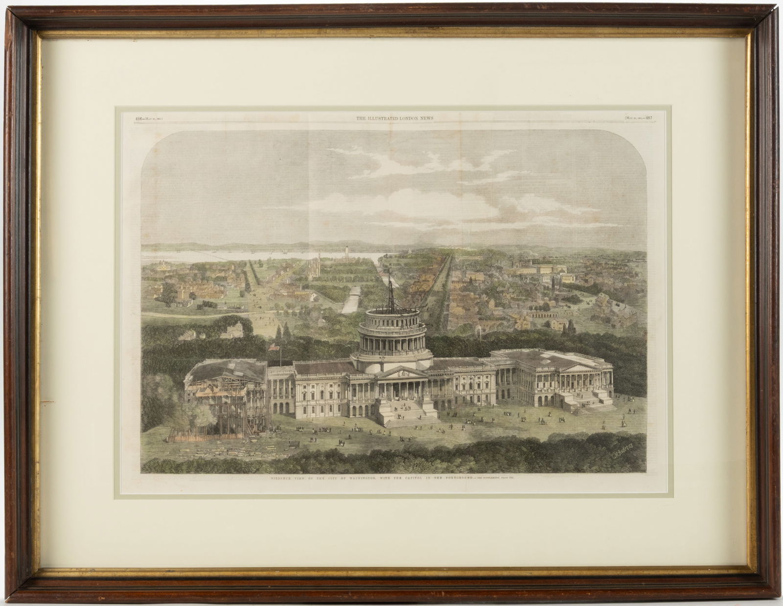 AMERICAN CIVIL WAR ERA WASHINGTON, DC HISTORICAL PRINT: AMERICAN CIVIL WAR ERA WASHINGTON, DC HISTORICAL PRINT, hand-colored engraving, Birdseye View of the City of Washington, with the Capitol in the Foreground, C. H. Andrews, artist. The Illust