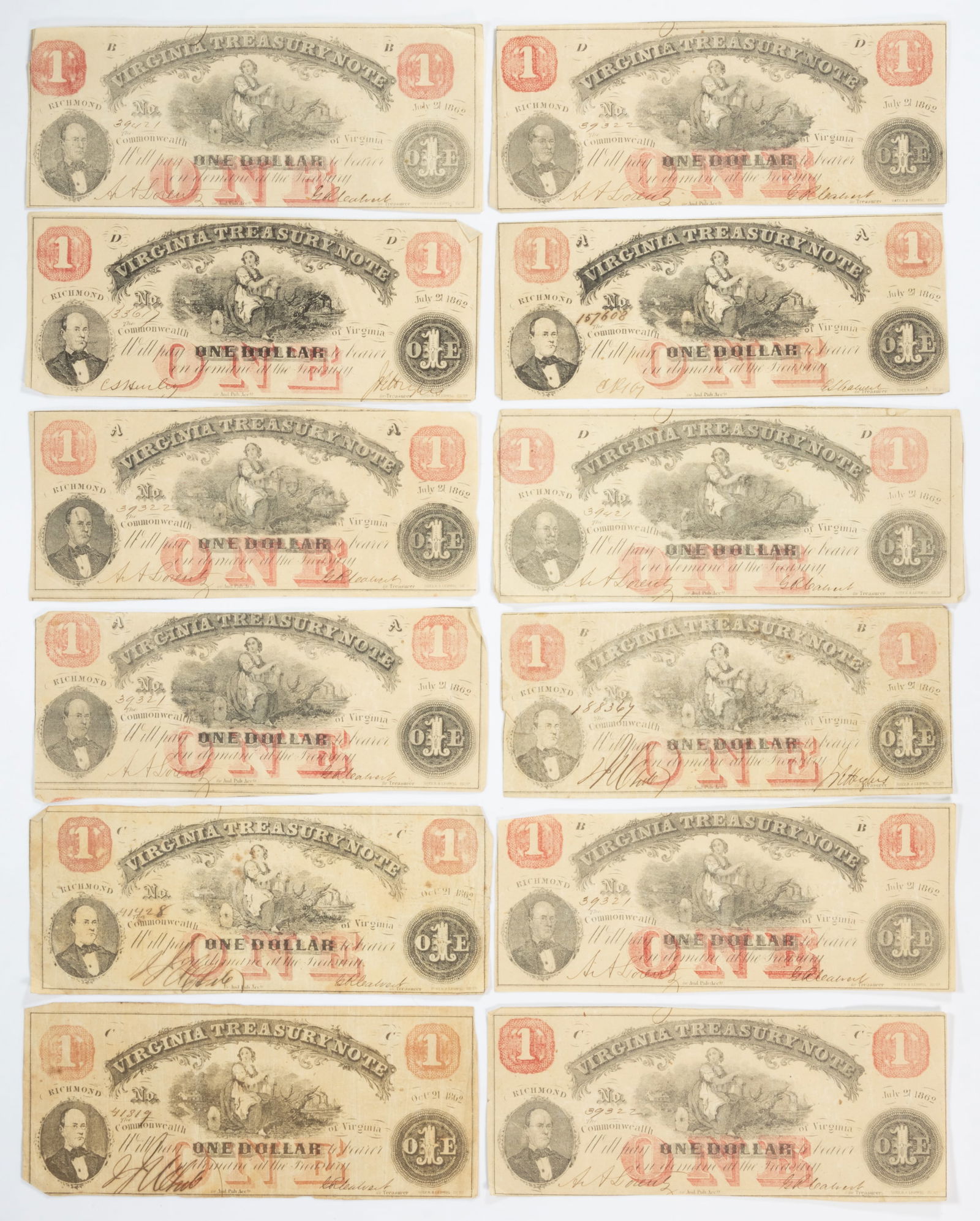 VIRGINIA TREASURY CIVIL WAR $1 OBSOLETE CURRENCY / NOTES, LOT OF 12 (1 of 2)