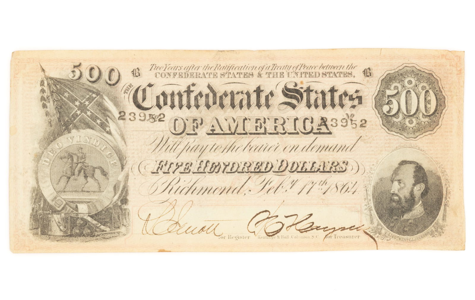 CONFEDERATE STATES CIVIL WAR $500 OBSOLETE CURRENCY / NOTE (1 of 2)
