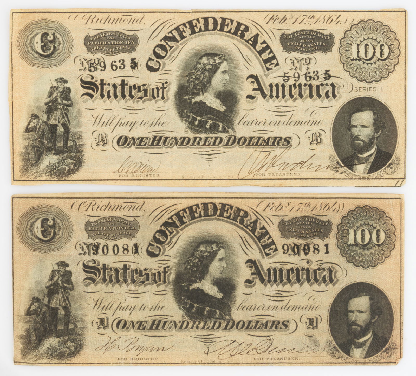 CONFEDERATE STATES CIVIL WAR $100 OBSOLETE CURRENCY / NOTES, LOT OF TWO (1 of 2)
