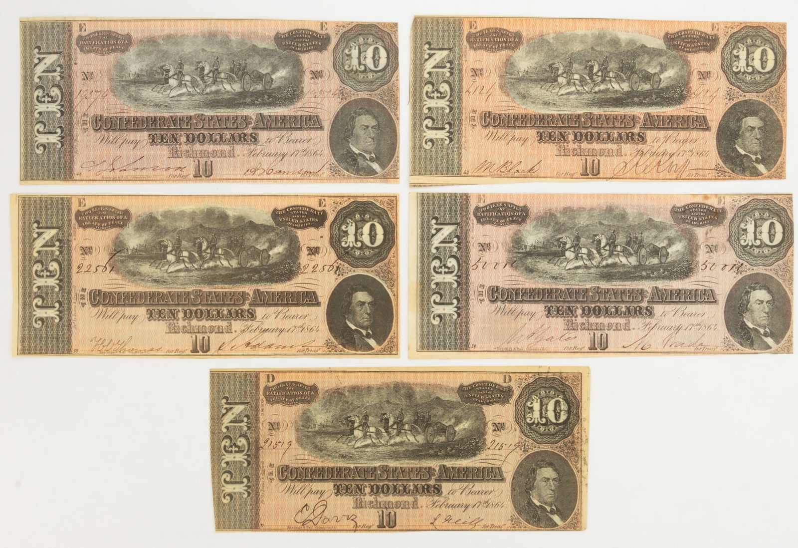 CONFEDERATE STATES CIVIL WAR $10 OBSOLETE CURRENCY / NOTES, LOT OF FIVE (1 of 2)