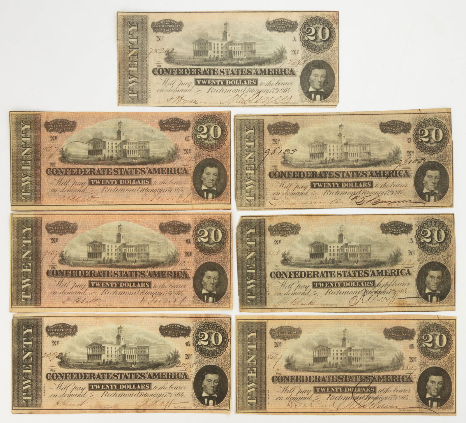 CONFEDERATE STATES CIVIL WAR $20 OBSOLETE CURRENCY / NOTES, LOT OF SEVEN (1 of 2)