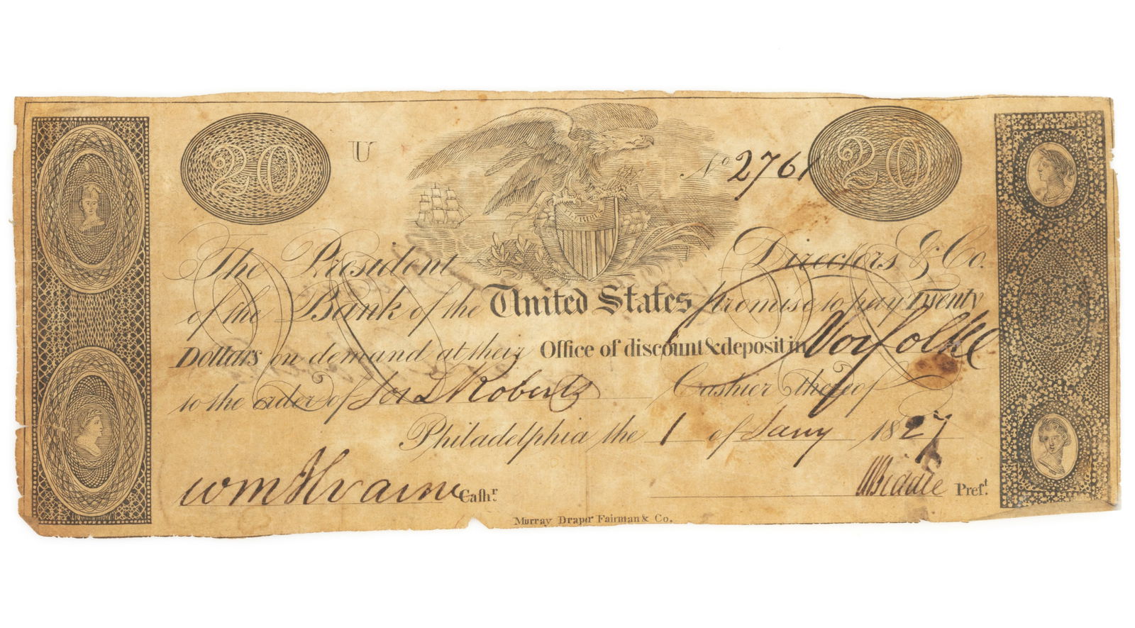 NORFOLK, VIRGINIA - BANK OF THE UNITED STATES $20 OBSOLETE CURRENCY / NOTE (1 of 2)