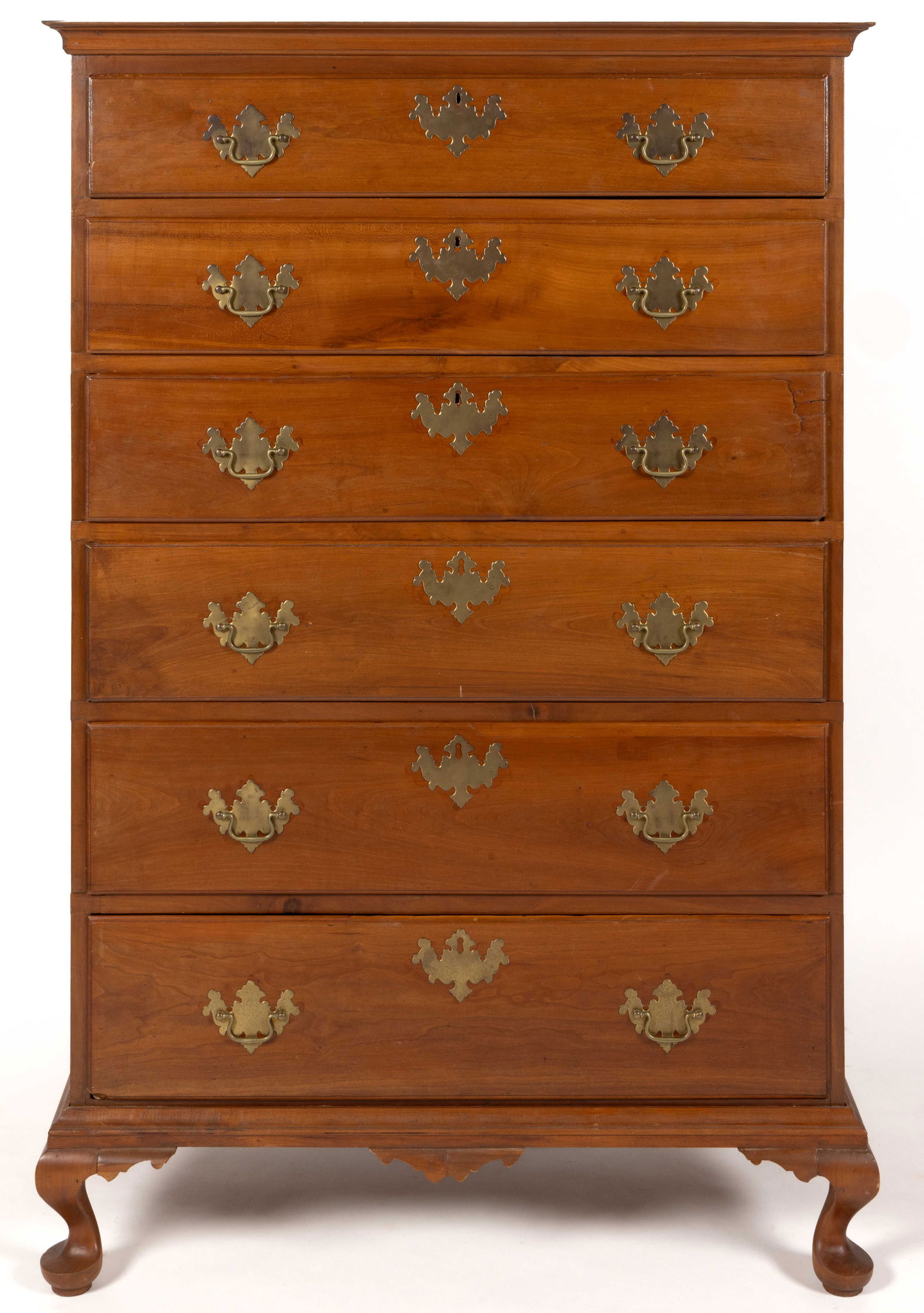 NEW HAMPSHIRE MAPLE / BIRCH SEMI-HIGH CHEST OF DRAWERS: NEW HAMPSHIRE MAPLE / BIRCH SEMI-HIGH CHEST OF DRAWERS, dovetailed case, rectangular top with applied cove-molded edging, above six graduated lip-molded drawers, raised on an applied base with