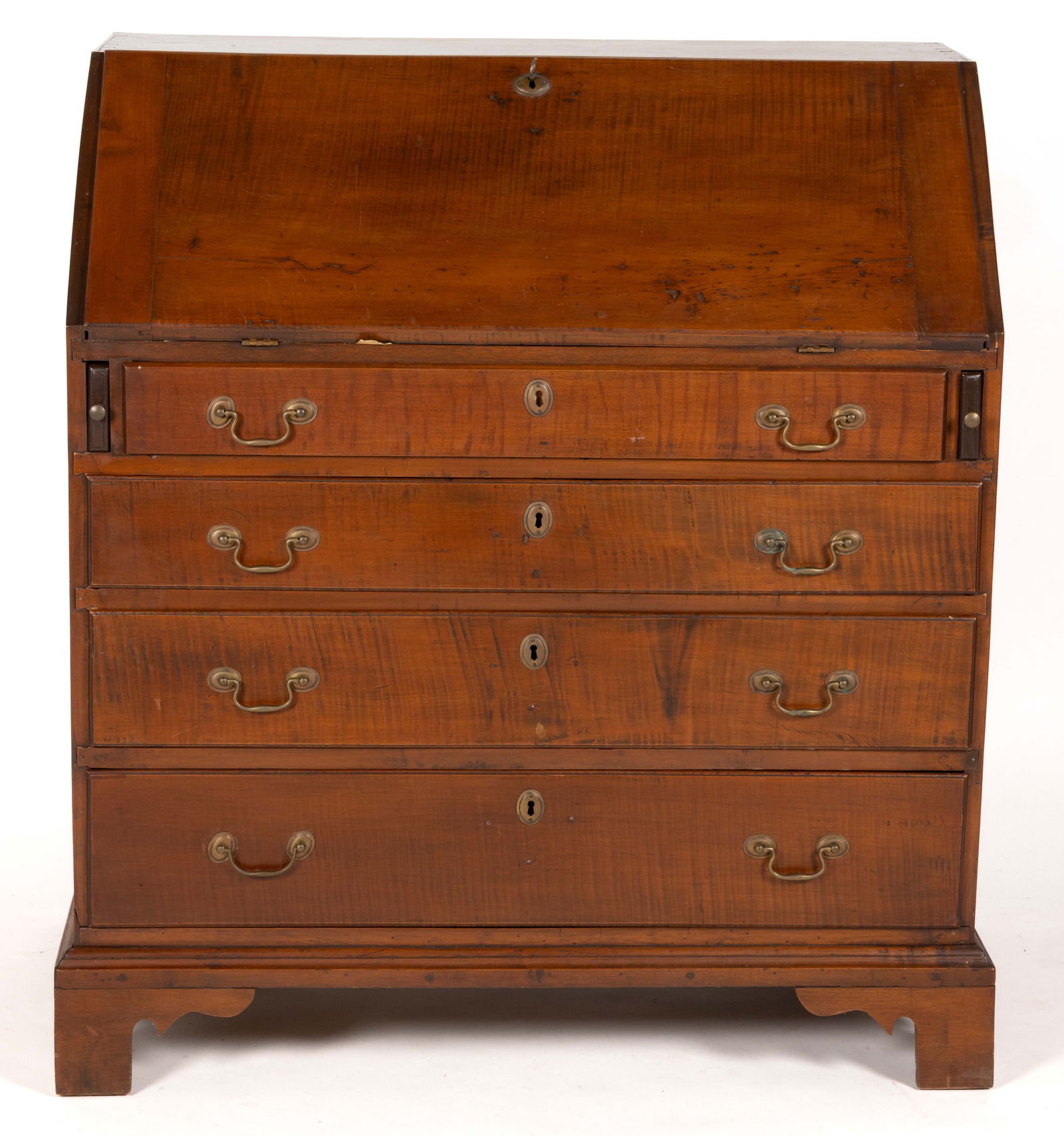NEW ENGLAND CHIPPENDALE TIGER MAPLE SLANT-FRONT DESK (1 of 7)