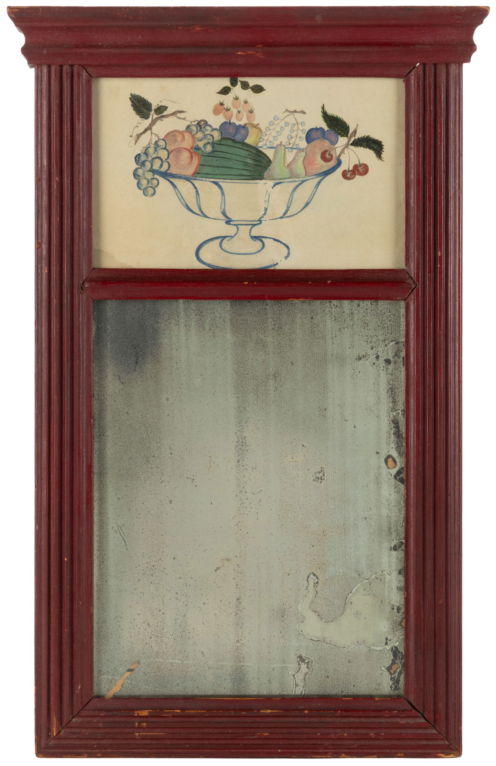 AMERICAN FEDERAL PAINTED LOOKING GLASS / WALL MIRROR WITH FOLK ART THEOREM-STYLE DRAWING (1 of 2)