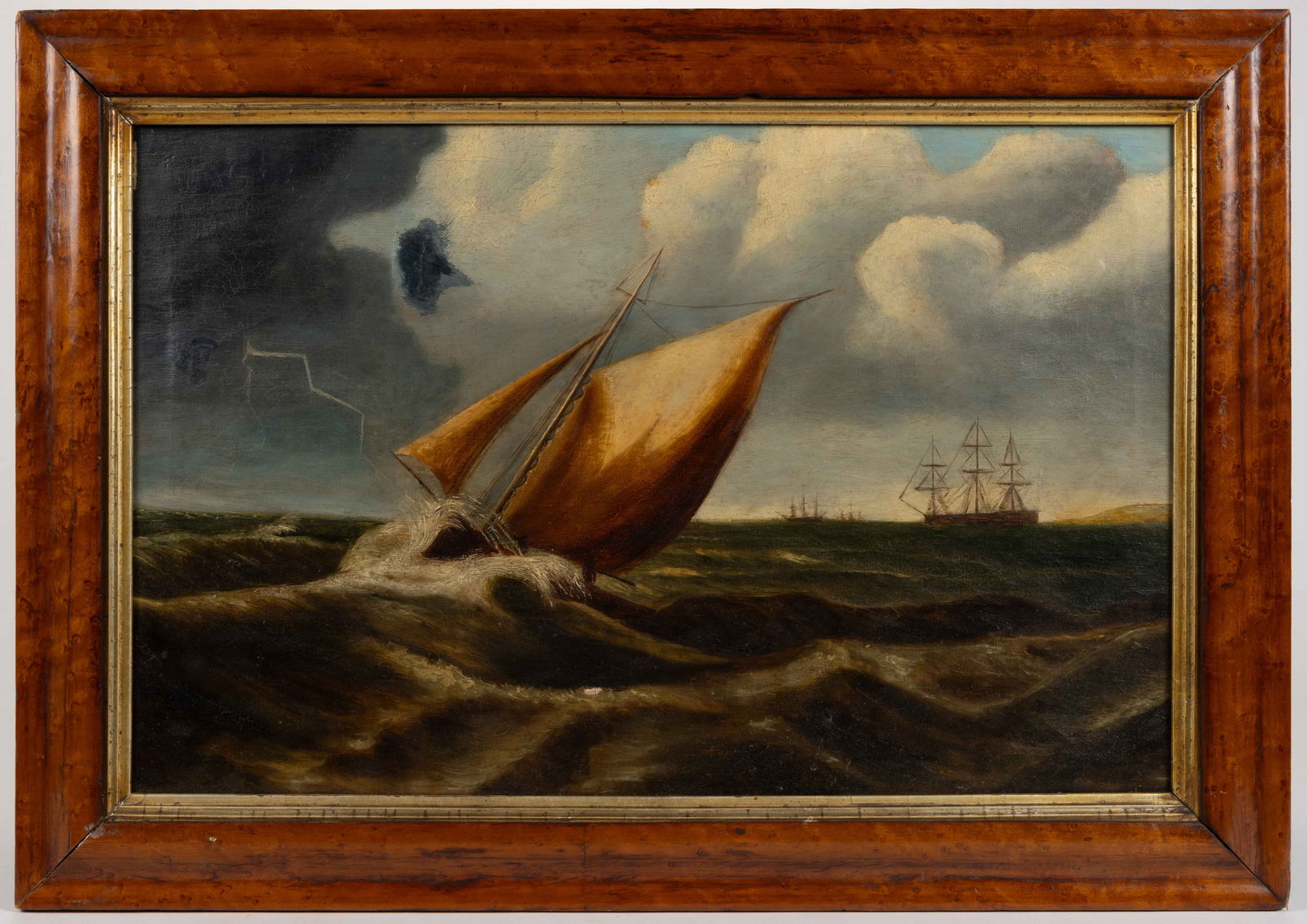 EUROPEAN SCHOOL (19TH CENTURY) NAUTICAL / SHIPWRECK SCENE PAINTING: EUROPEAN SCHOOL (19TH CENTURY) NAUTICAL / SHIPWRECK SCENE PAINTING, oil on canvas, depicting a harrowing scene where a small sailboat on stormy waters is being struck by lightening from a dark storm