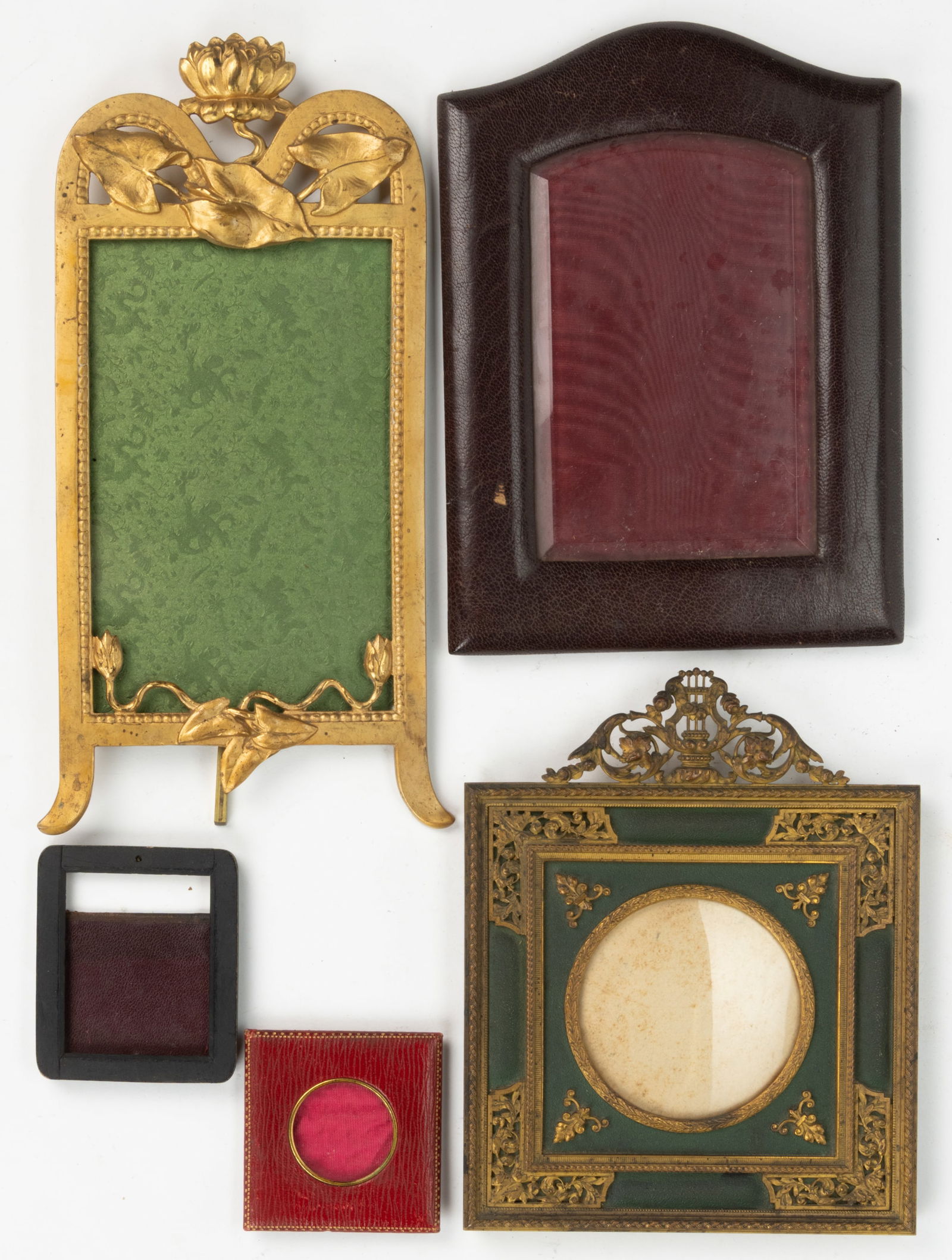 EUROPEAN LEATHER AND GILT BRONZE DIMINUTIVE FRAMES, LOT OF FIVE (1 of 2)