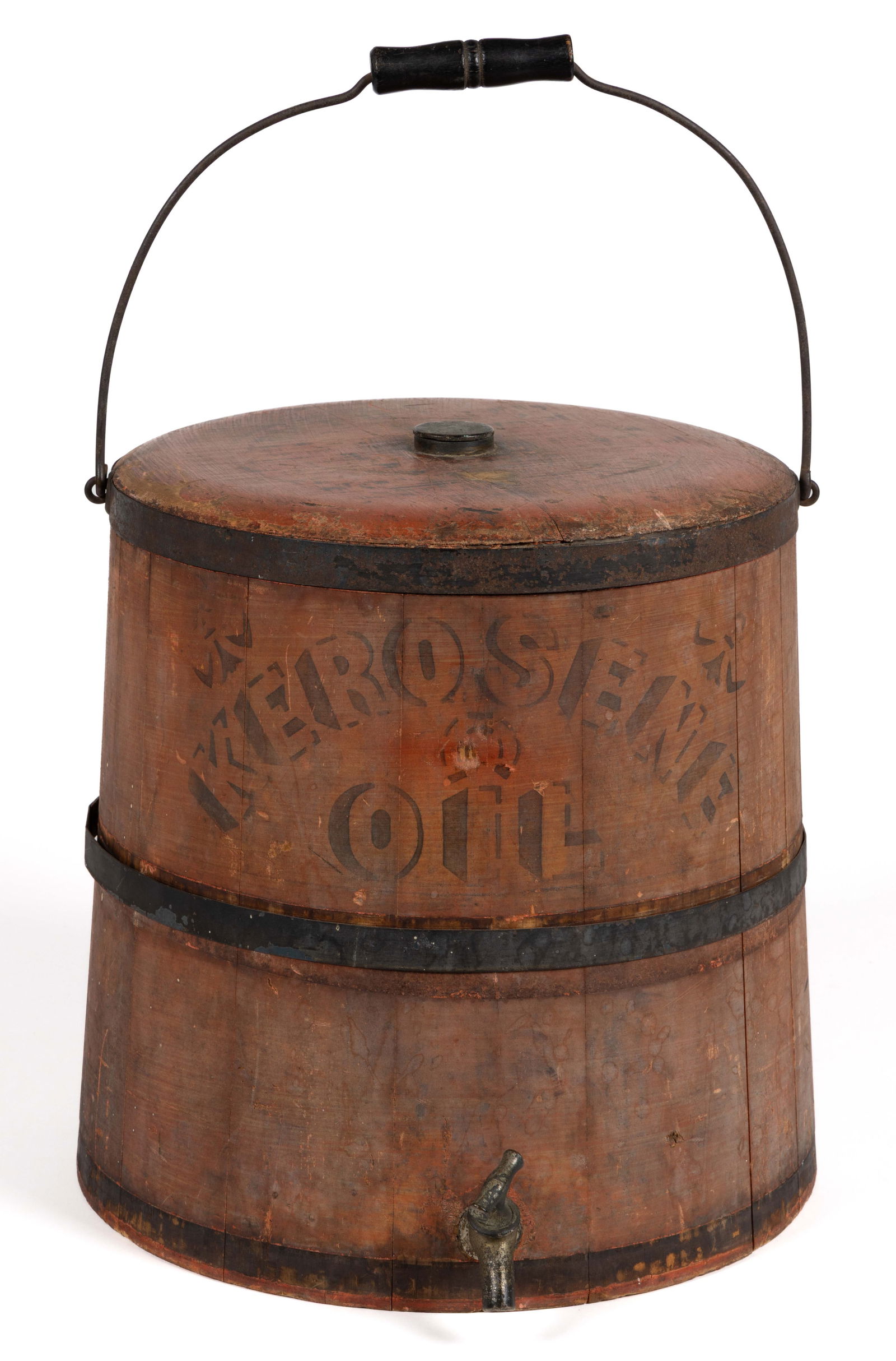 AMERICAN COUNTRY PAINTED TREEN KEROSENE FIRKIN / DISPENSER (1 of 6)