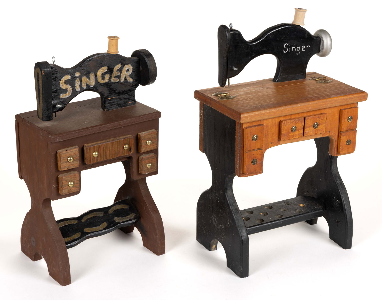 AMERICAN FOLK ART CARVED AND PAINTED "SINGER" SEWING MACHINE SEWING BOXES, LOT OF TWO (1 of 2)