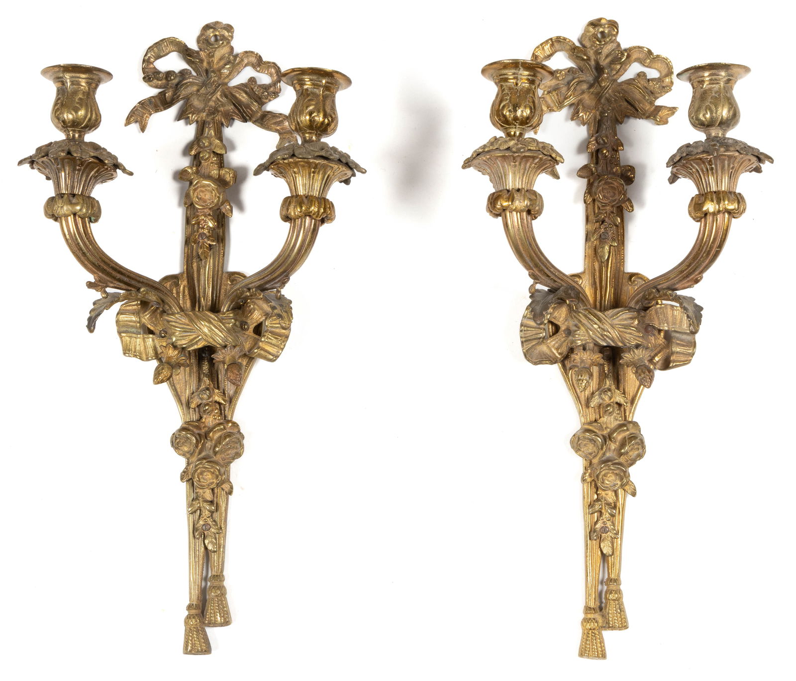 CONTINENTAL CAST BRASS/METAL LOUIS-STYLE DOUBLE-ARM CANDLE WALL SCONCES, PAIR (1 of 3)