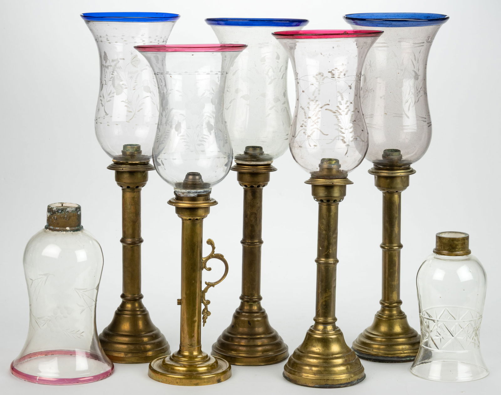 ASSORTED VINTAGE RUSSIAN BRASS CANDLE STICKS AND HURRICANE SHADES, LOT OF 12 ARTICLES (1 of 1)
