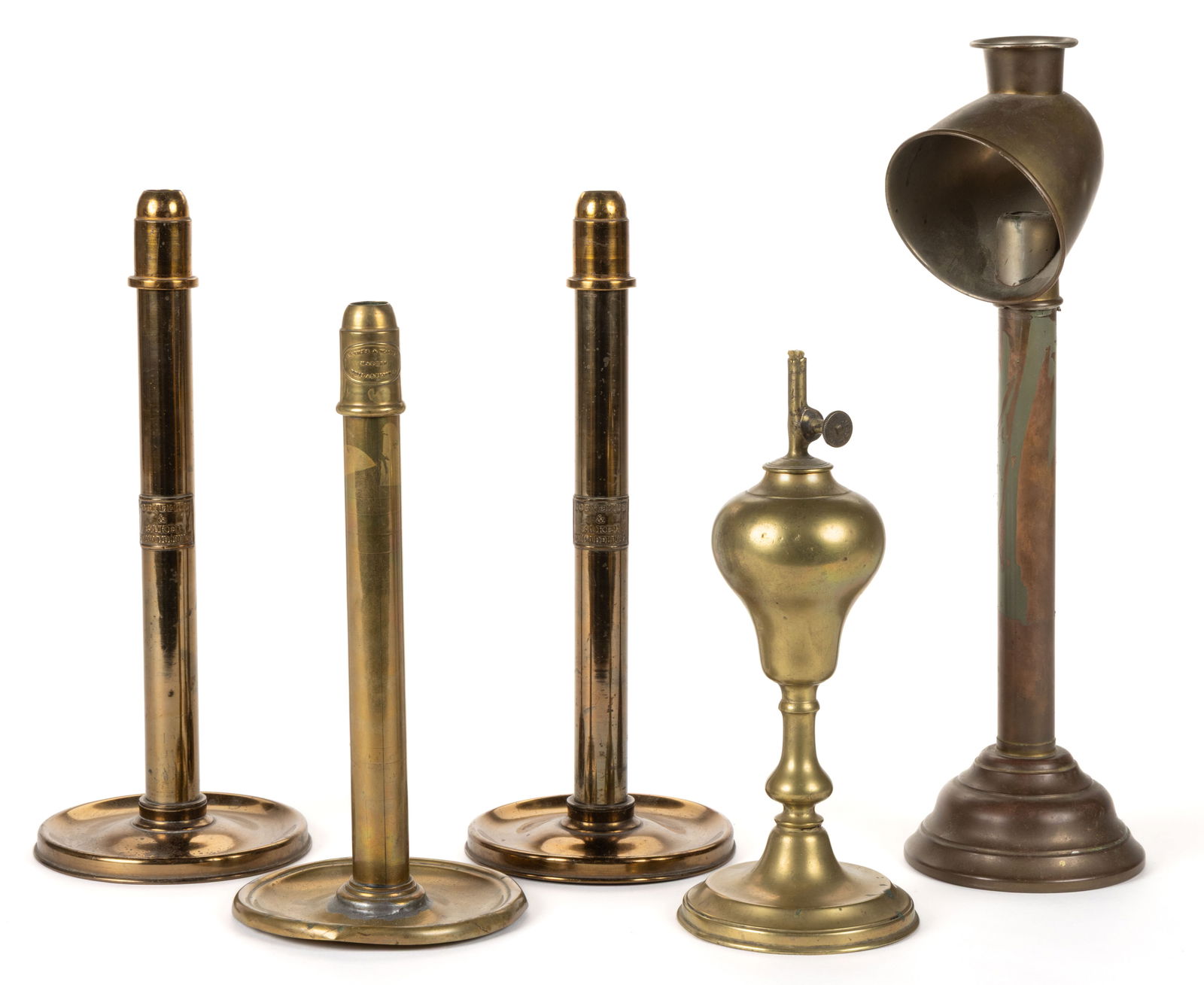 ASSORTED BRASS CANDLESTICKS AND FLUID LAMP, LOT OF FIVE (1 of 1)