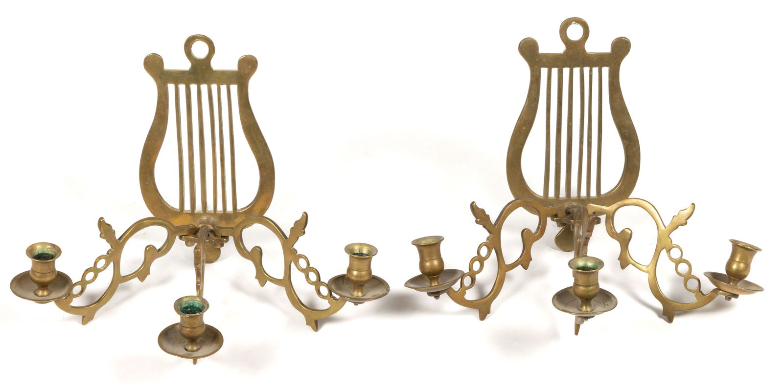 CONTINENTAL BRASS LYRE-FORM WALL SCONCES, PAIR: CONTINENTAL BRASS LYRE-FORM BRASS WALL SCONCES, PAIR, each with a lyre-form wall plate and supporting three removable arms with each having a single socket, each arm with scroll ornamentation. 19th ce