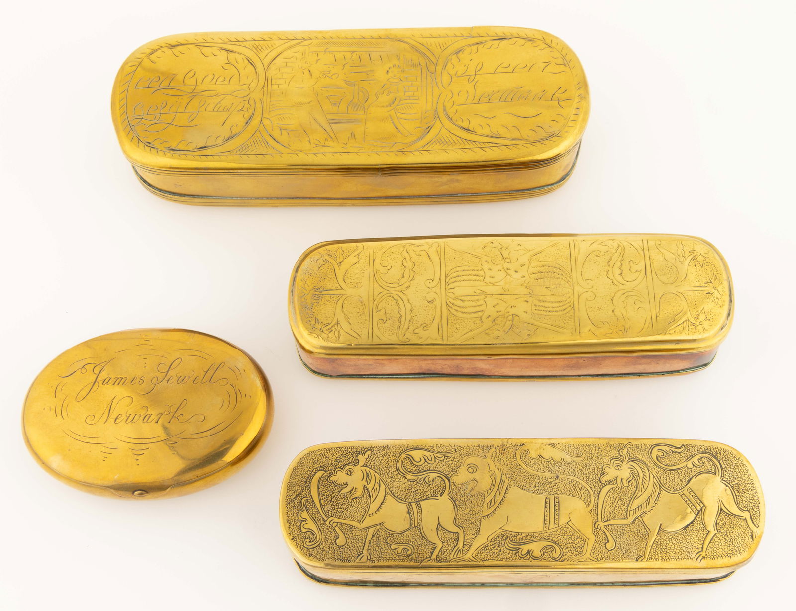 DUTCH AND ENGLISH BRASS TOBACCO BOXES, LOT OF FOUR (1 of 3)