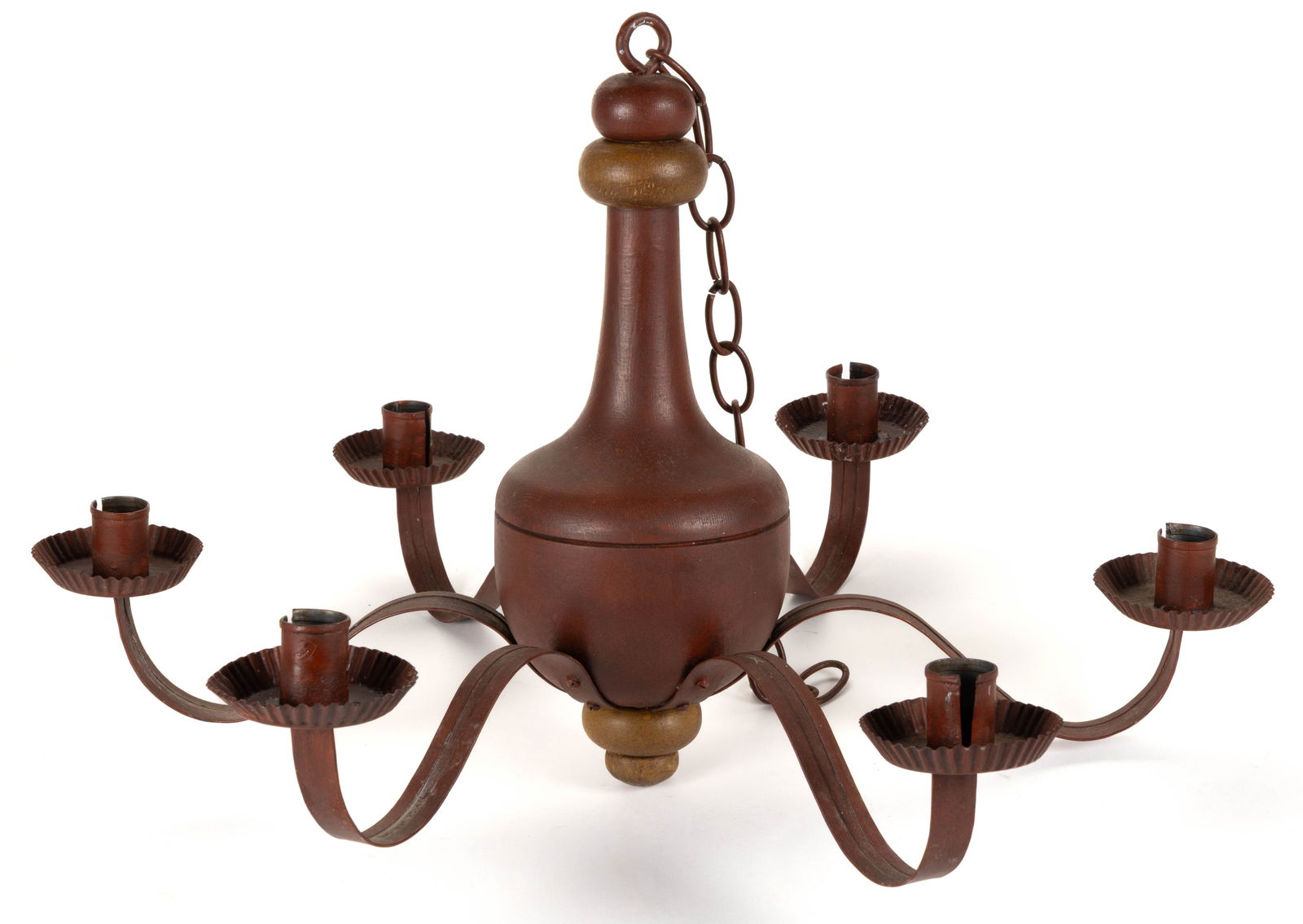 CONTEMPORARY PAINTED TURNED WOOD AND SHEET-IRON CANDLE CHANDELIER (1 of 1)