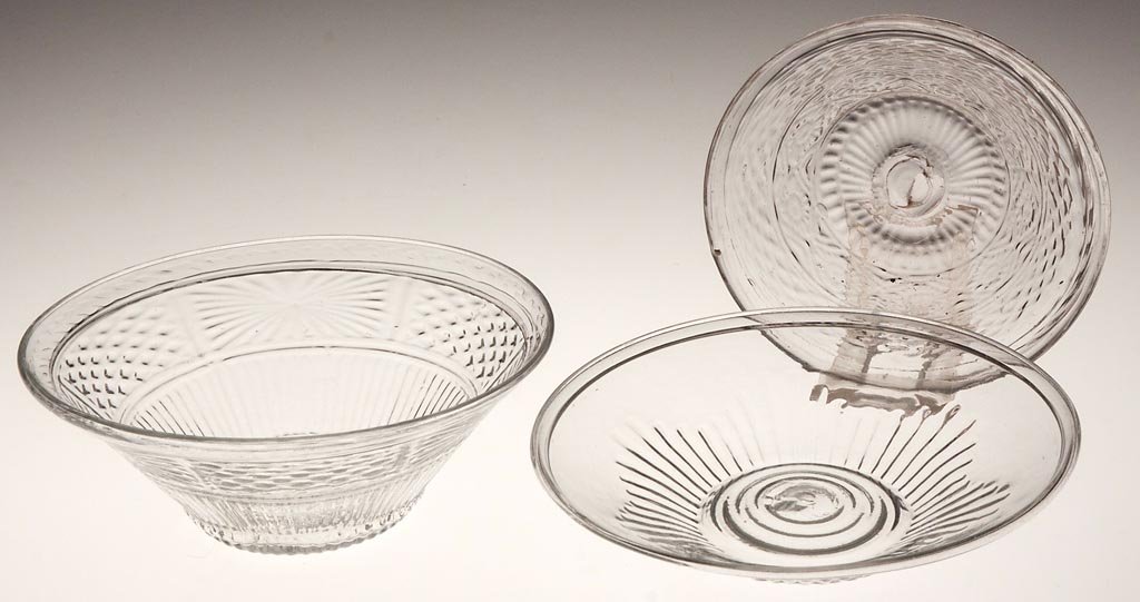 BLOWN-MOLDED TABLE ARTICLES, LOT OF THREE: BLOWN-MOLDED TABLE ARTICLES, LOT OF THREE, colorless, comprising a GI-5 shallow dish/plate, a GIII-3 tapered pan, and a GIII-23 tapered pan, each with a rough pontil mark. Boston & Sandwich Glass Co. 