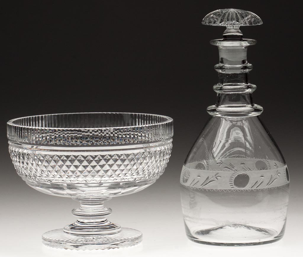 FREE-BLOWN AND ENGRAVED QUART DECANTER: FREE-BLOWN AND ENGRAVED QUART DECANTER, colorless, Prussian form with unusual roughed and engraved medial band of decoration, three applied neck rings and rough pontil mark, pressed mushroom-style sto