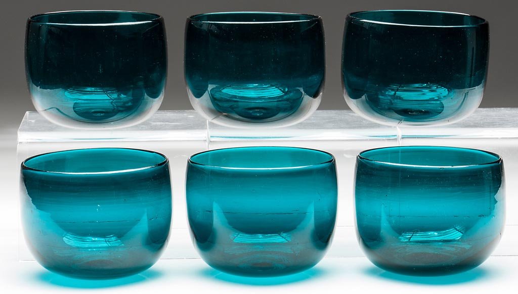 SET OF SIX FREE-BLOWN FINGER BOWLS: SET OF SIX FREE-BLOWN FINGER BOWLS, brilliant teal green, each of hemispherical form with polished pontil mark. 19th century. 3 1/2" H. Provenance: Property of a New York Corporation.
