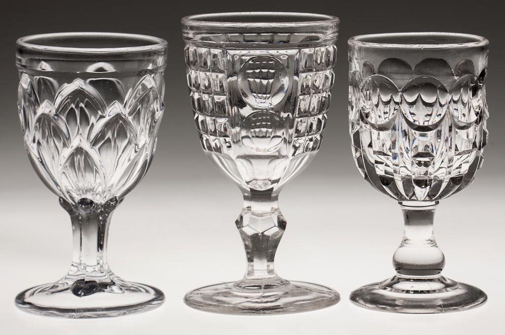 VARIOUS EAPG GOBLETS, LOT OF THREE: VARIOUS EAPG GOBLETS, LOT OF THREE, colorless lead glass, including Waffle and Thumbprint with polished pontil mark. Third quarter 19th century. 6" to 6 3/8" H. Provenance: Collection of Virginia & Vl