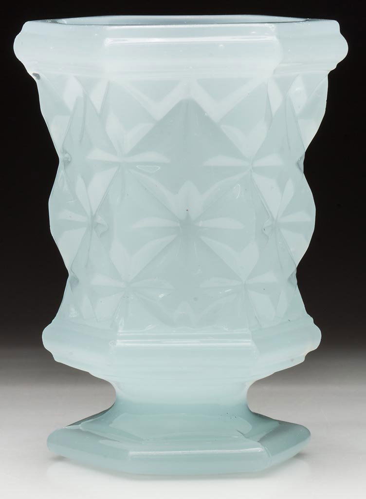 PRESSED SANDWICH STAR SPOON HOLDER / SPILL: PRESSED SANDWICH STAR SPOON HOLDER / SPILL, translucent bluish alabaster/clambroth, hexagonal form and single-step foot with polished pontil mark. Boston & Sandwich Glass Co. and probably others. 1850