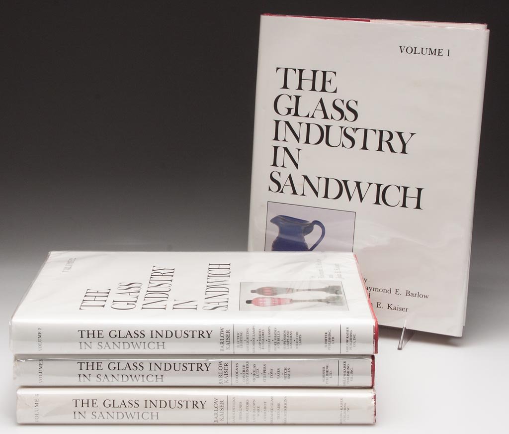 SANDWICH GLASS REFERENCE VOLUMES, SET OF FOUR: SANDWICH GLASS REFERENCE VOLUMES, SET OF FOUR, "The Glass Industry in Sandwich", volumes 1-4, Raymond Barlow and Joan Kaiser, 1983-1993. Hard covers with dust jackets. Provenance: Collection of Virgin
