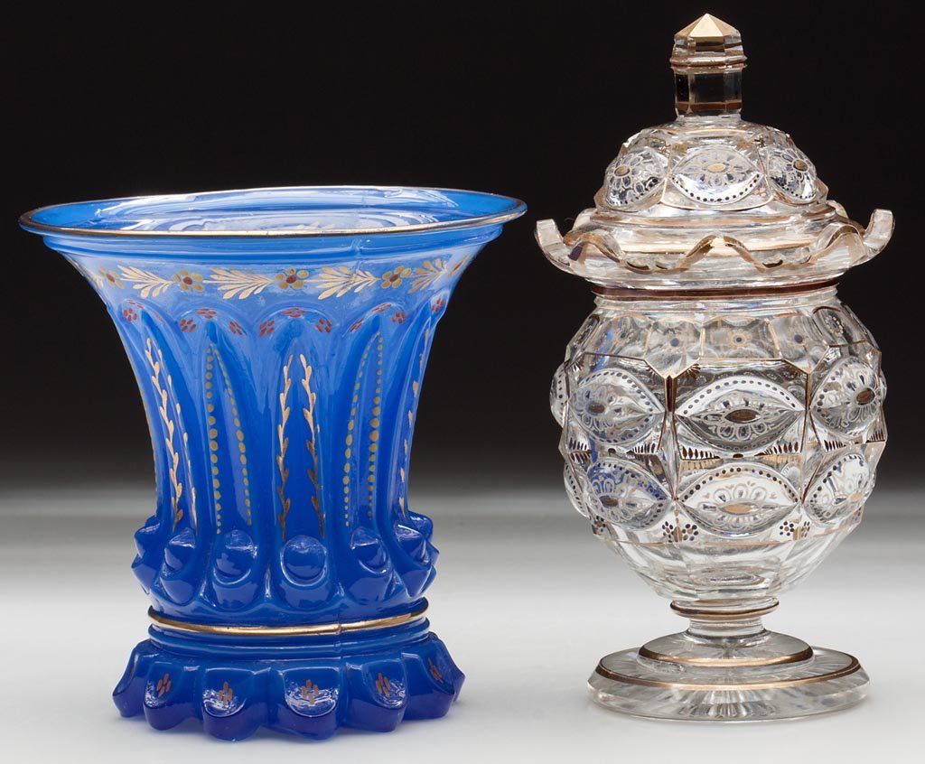 ASSORTED GILT-DECORATED ARTICLES, LOT OF TWO: ASSORTED GILT-DECORATED ARTICLES, LOT OF TWO, comprising a blown-molded powder blue opalescent vase with polished pontil mark, and a cut colorless covered jar with star-cut foot. Second half 19th cent