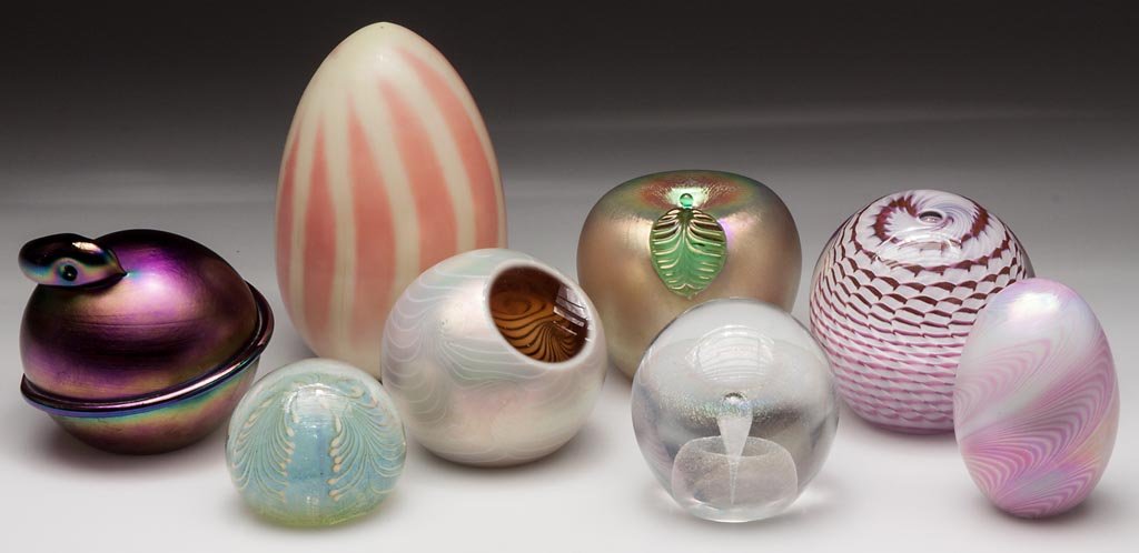 ASSORTED STUDIO ART GLASS PAPERWEIGHTS, LOT OF EIGHT: ASSORTED STUDIO ART GLASS PAPERWEIGHTS, LOT OF EIGHT, including Eicholt, JRS and Terry Crider, all but one signed and dated. Second half 20th century. 2" to 3 1/4" D. Provenance: Collection of Lloyd a