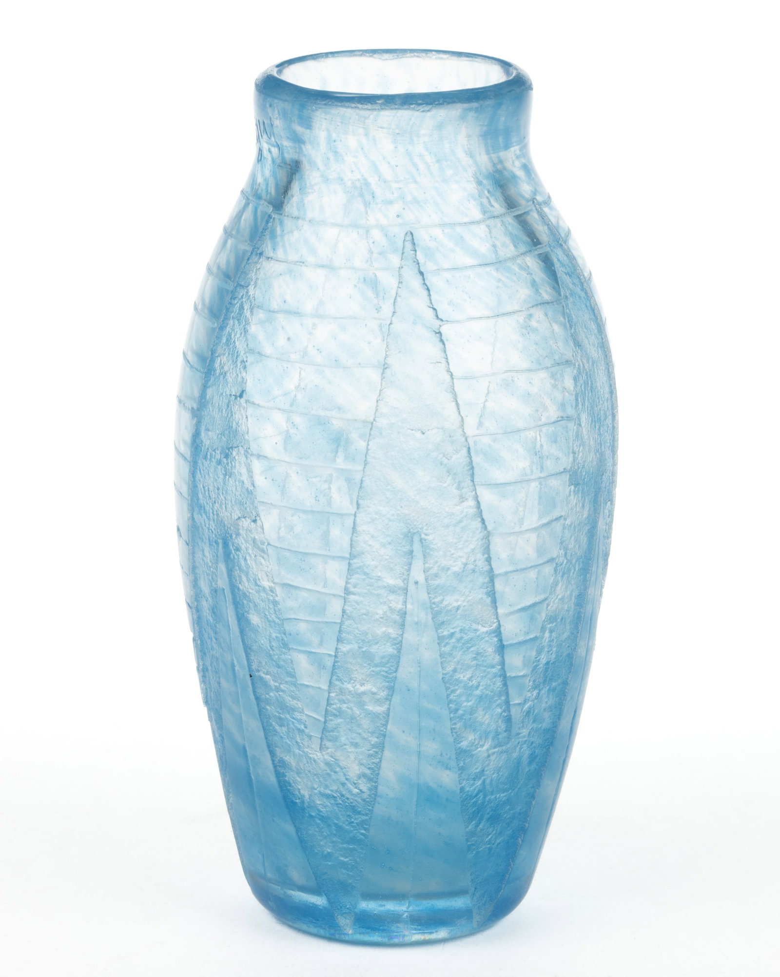 DEGUE ART DECO CAMEO ART GLASS VASE: DEGUE ART DECO CAMEO ART GLASS VASE, light blue, ovoid form with acid etched horizontal stripping and vertical zig-zags, signed "Degue" below the rim and "France" to underside